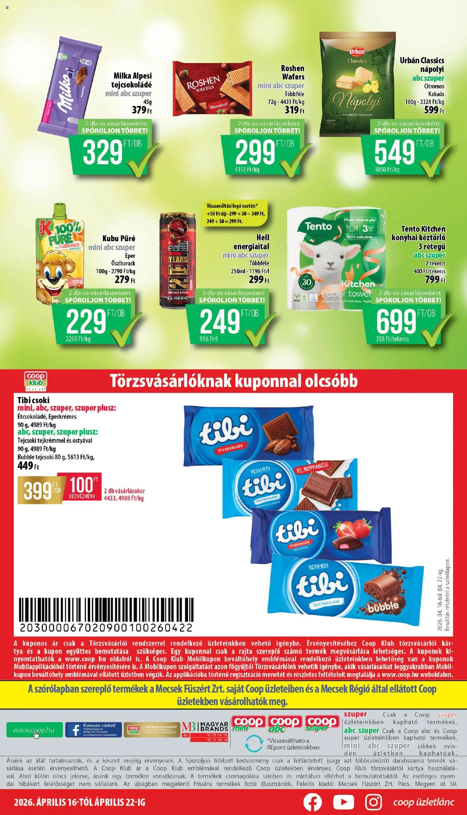 COOP akciós ujság - amely érvényes a következő dátumtól: 16.04.2026 | Oldal: 8 | Termékek: Őszibarack, Energiaital, Kubu püré, Nápolyi