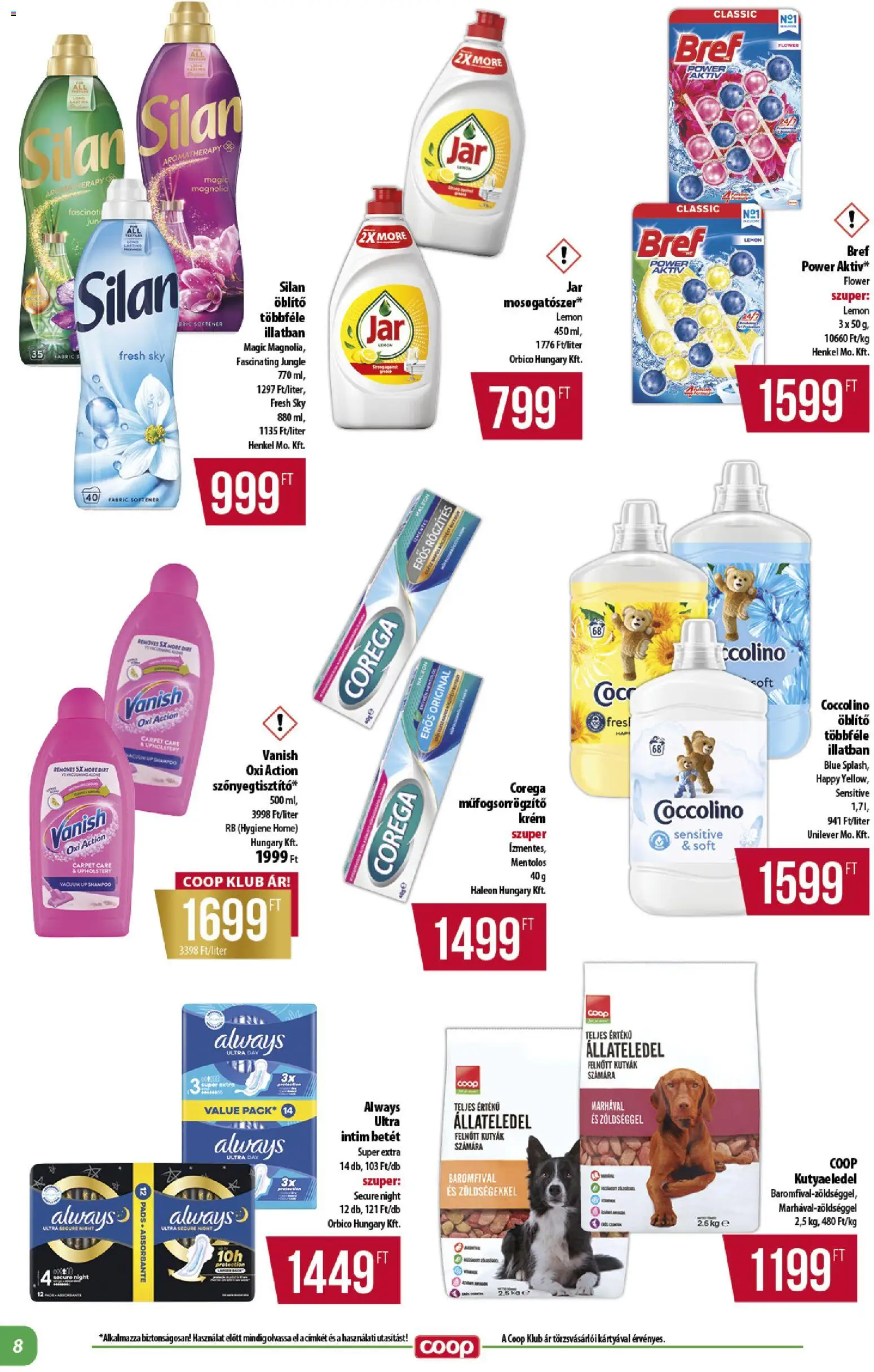 COOP akciós ujság - amely érvényes a következő dátumtól: 22.01.2026 | Oldal: 8 | Termékek: Coccolino, Kutyaeledel, Öblítő