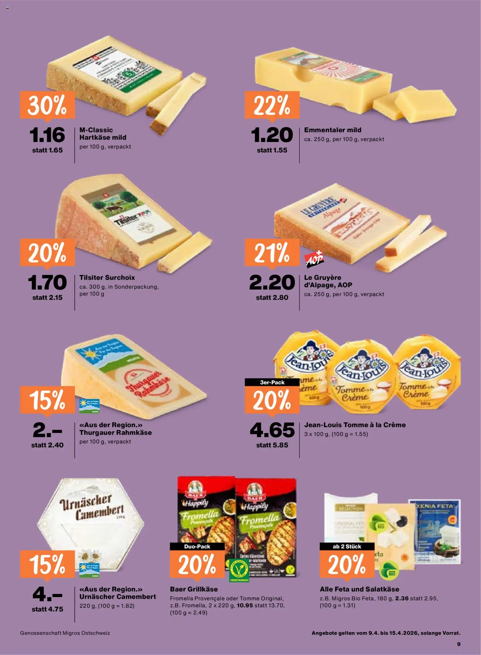 Migros aktionen – gültig ab 09.04.2026 | Seite: 9 | Produkte: Feta, Grill, Creme