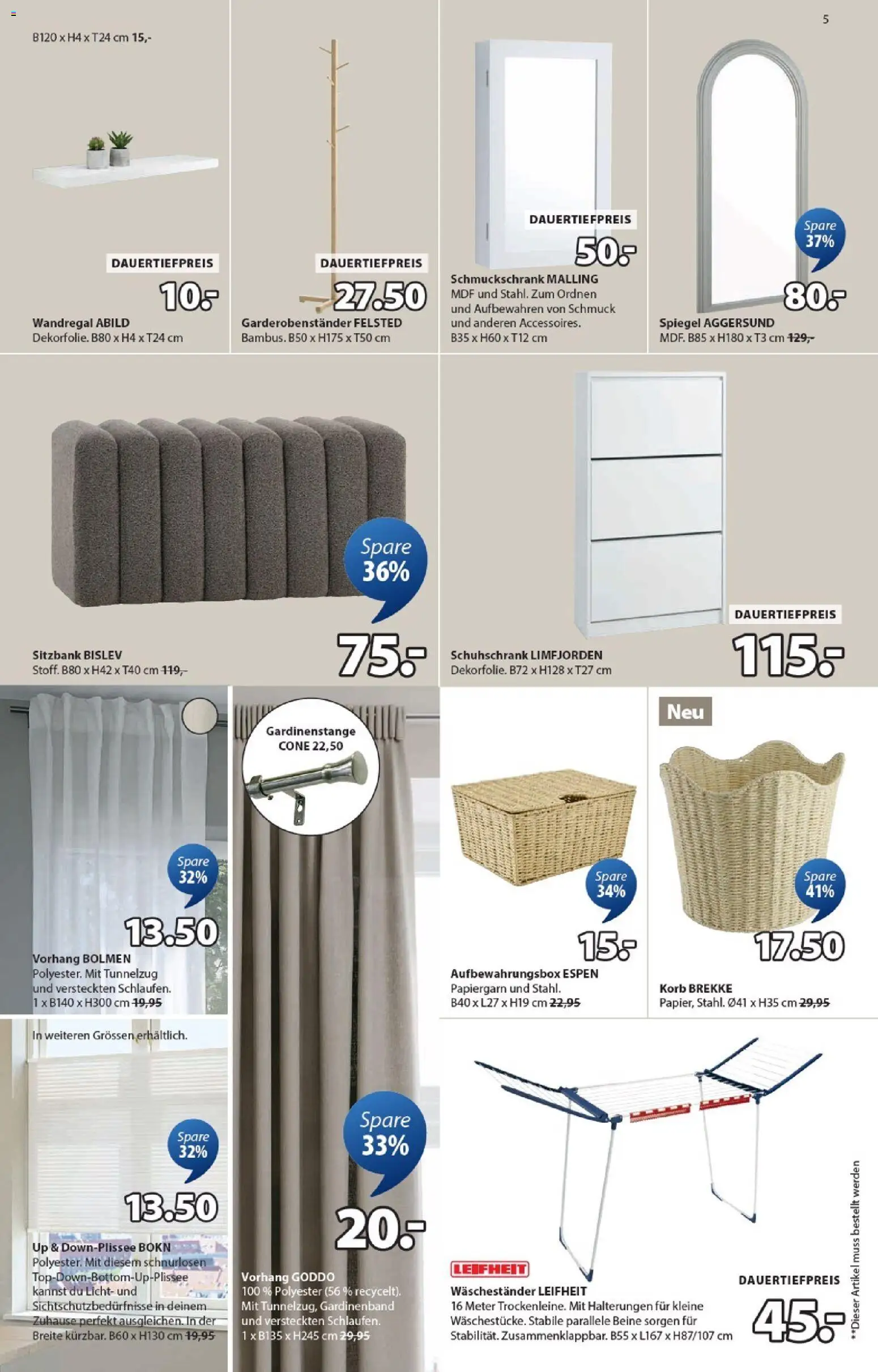 JYSK Aktionen – gültig ab 17.02.2026 | Seite: 5 | Produkte: Korb, Spiegel, Schuhschrank, Wandregal