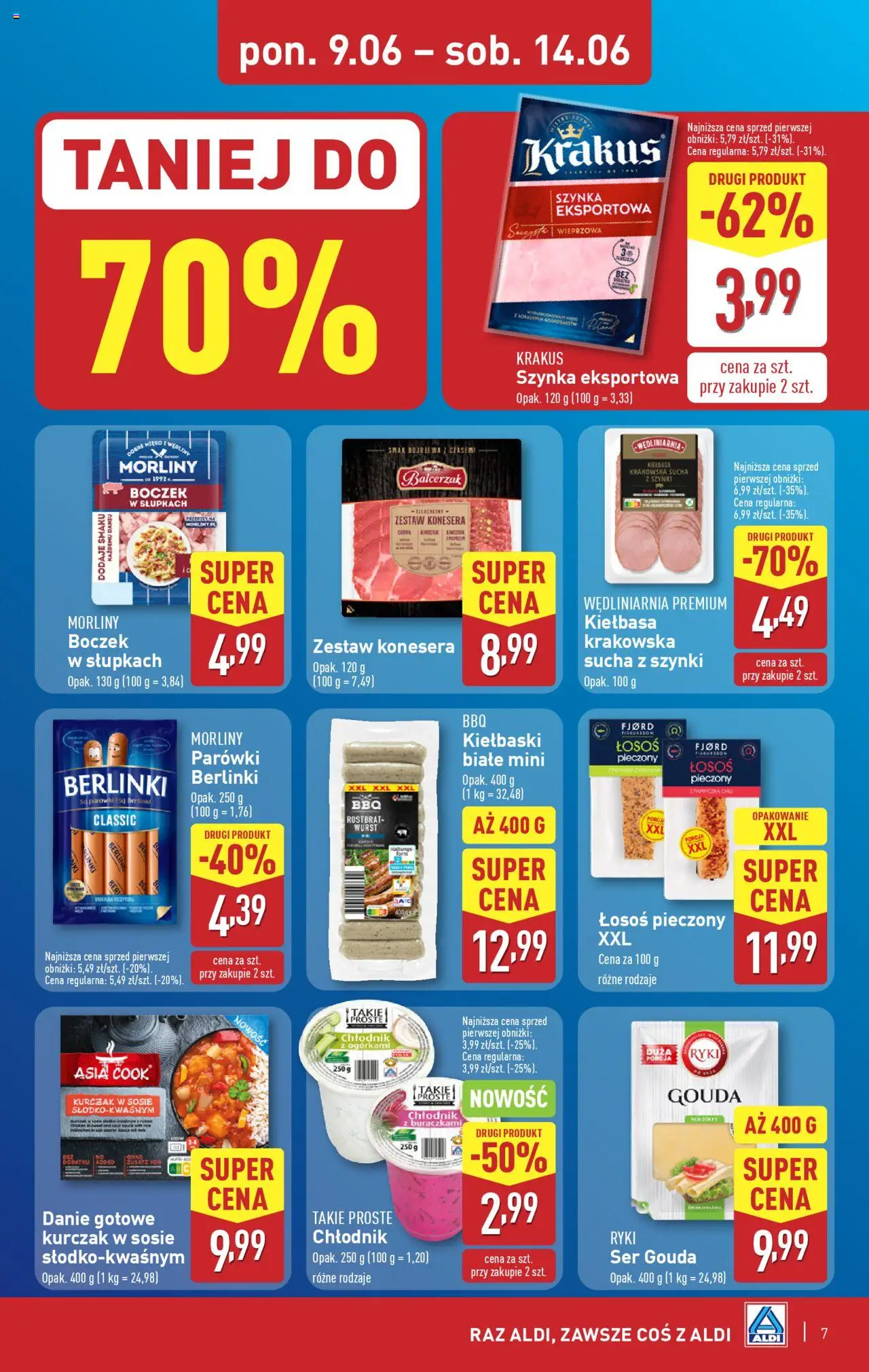 Aldi Gazetka od 09.06.2025 | Strona: 7 | Produkty: Kiełbasa, Kurczak, Kiełbaski, Kiełbasa krakowska
