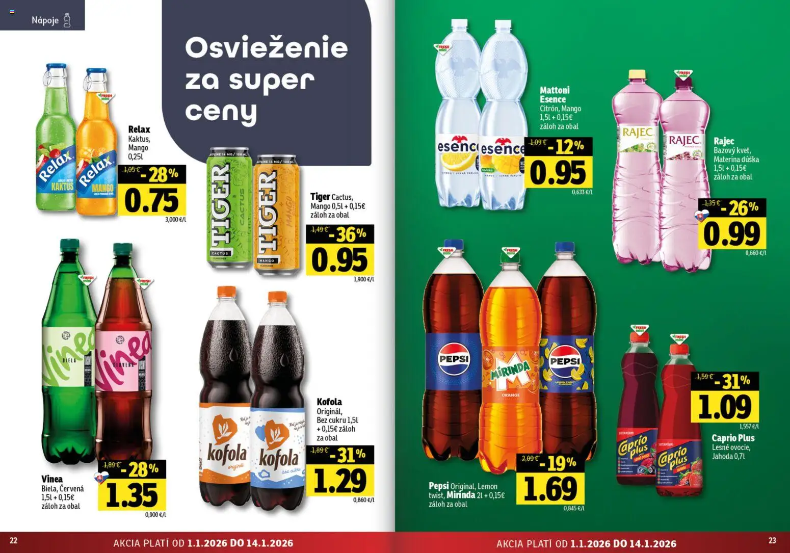 Nové Fresh akcie – leták je platný od 01.01.2026 | Strana: 12 | Produkty: Rajec, Mattoni, Pepsi, Vinea