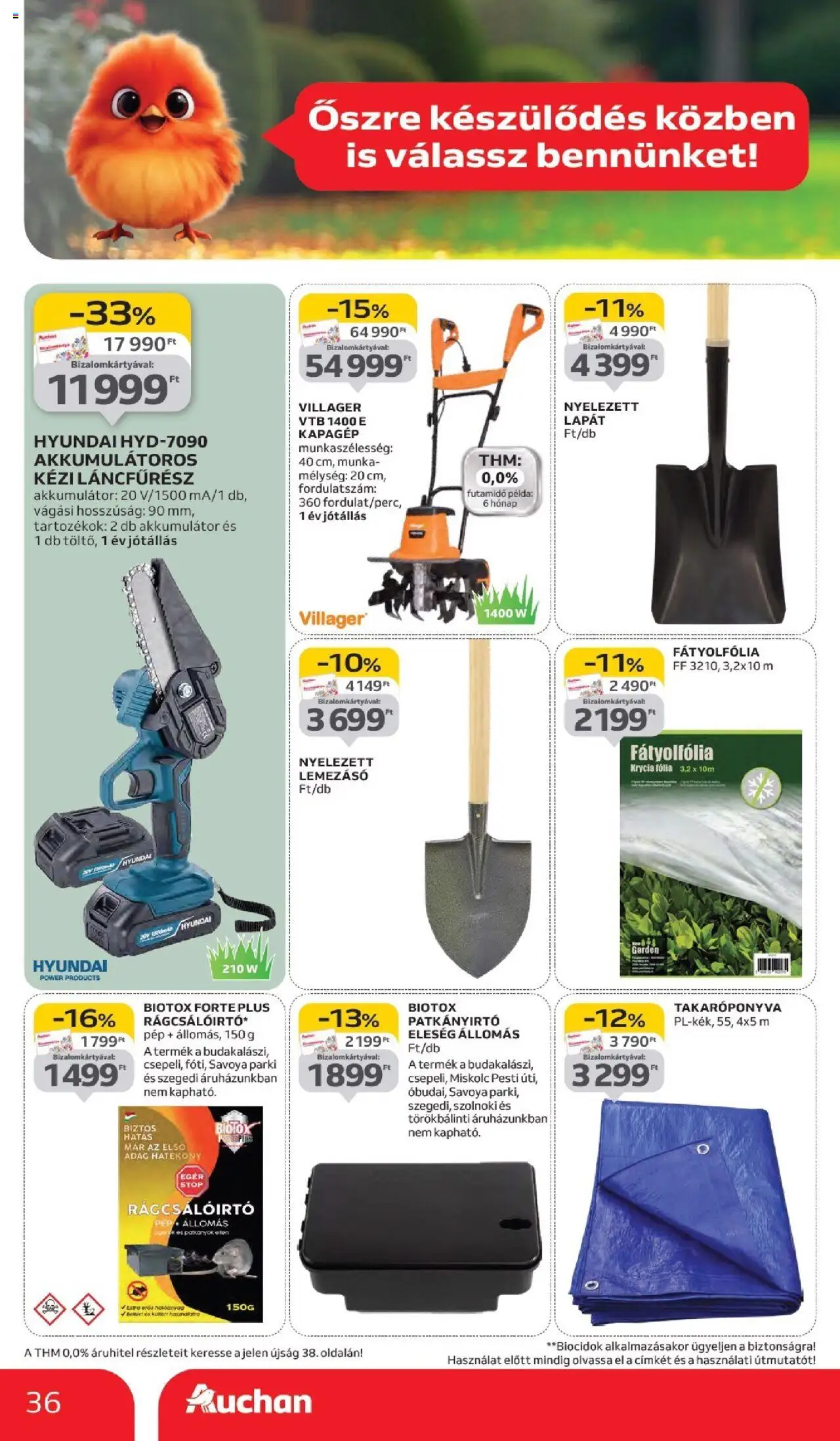 Auchan akciós ujság - amely érvényes a következő dátumtól: 11.09.2025 | Oldal: 36 | Termékek: Takaróponyva, Egér, Akkumulátor, Láncfűrész