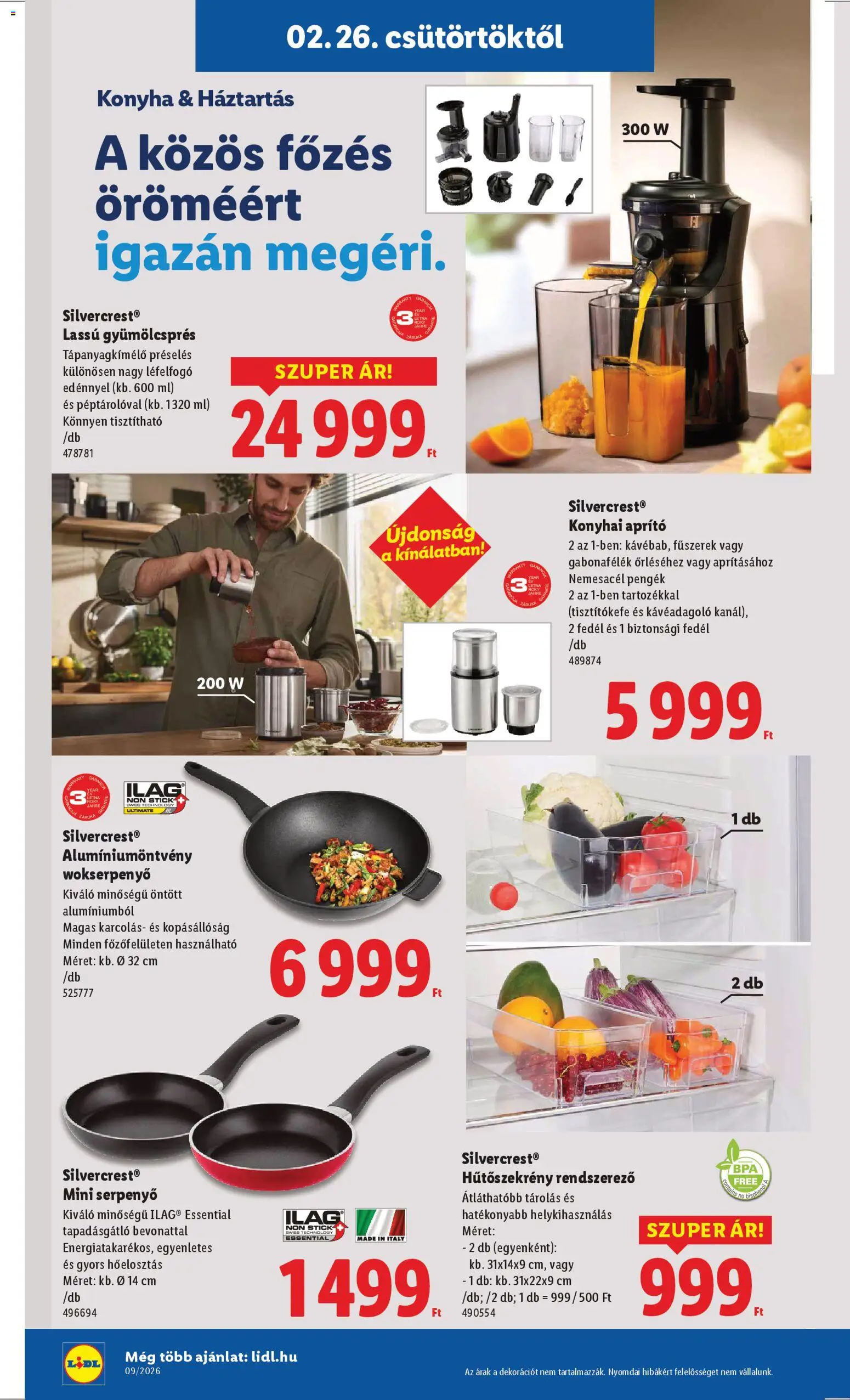Lidl akciós ujság - amely érvényes a következő dátumtól: 26.02.2026 | Oldal: 10 | Termékek: Aprító, Rendszerező, Serpenyő, Lassú gyümölcsprés