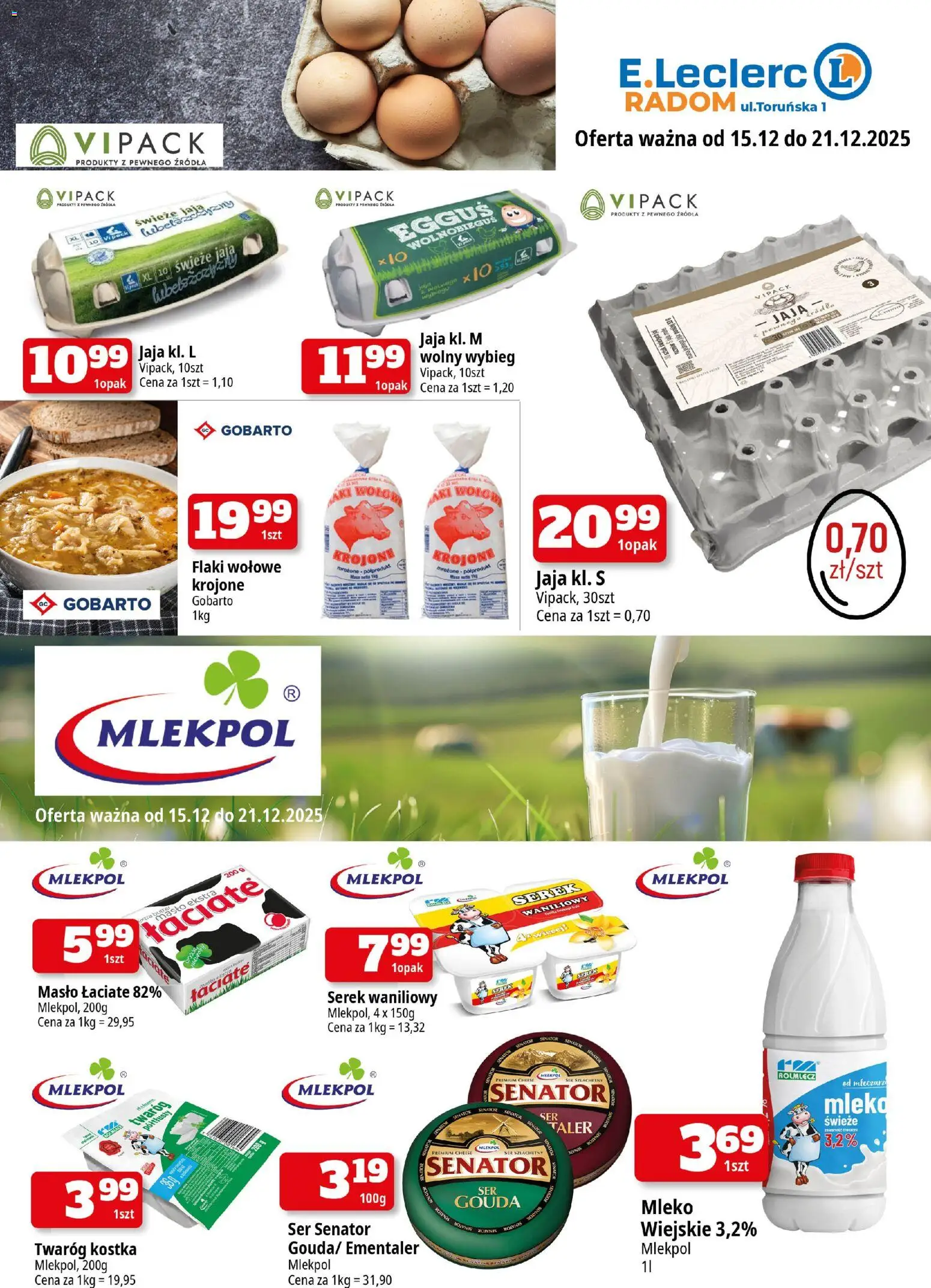 E.Leclerc Gazetka - Radom od 15.12.2025 | Strona: 2 | Produkty: Mleko, Masło, Flaki wołowe, Jaja