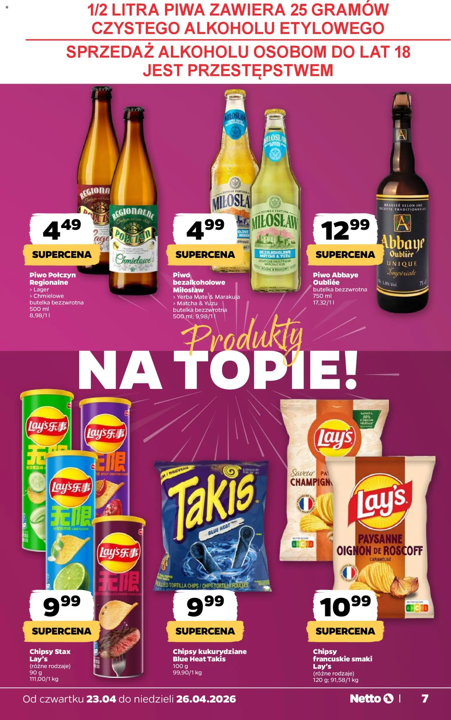 Netto gazetka od czwartku spożywcza od 23.04.2026 | Strona: 7 | Produkty: Chipsy kukurydziane, Chipsy, Tortilla, Piwo