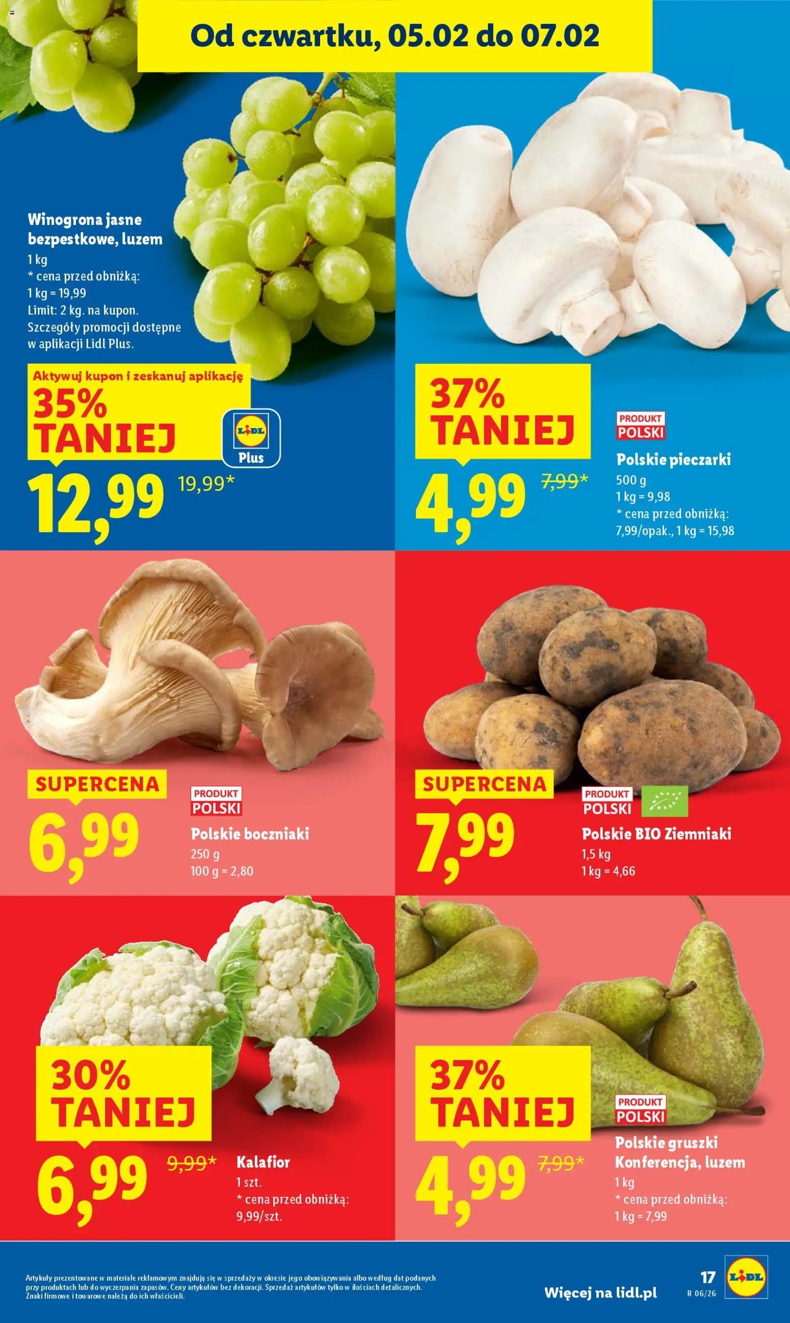 Lidl Gazetka od 05.02.2026 | Strona: 19 | Produkty: Winogrona, Kalafior, Pieczarki, Boczniaki