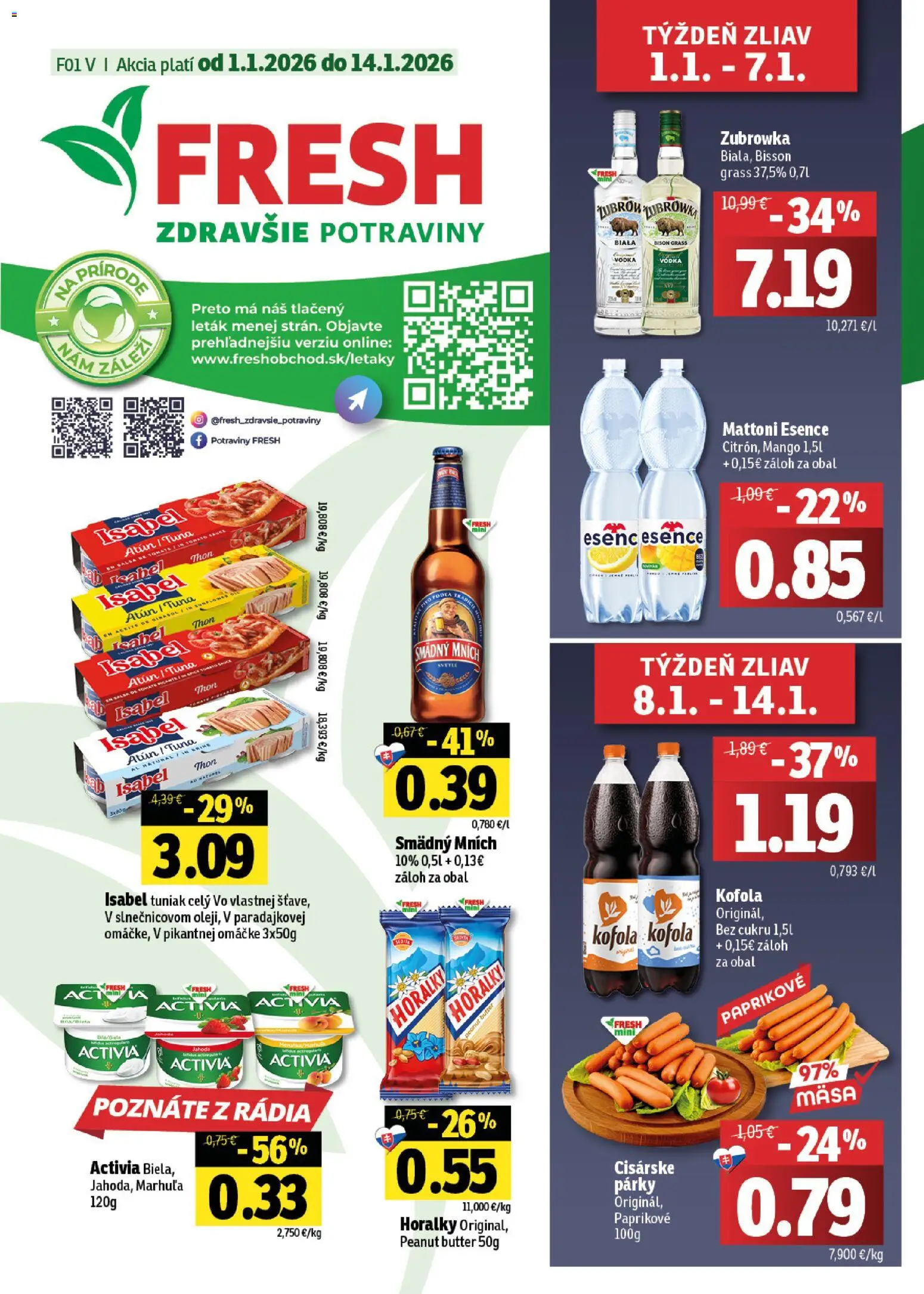Nové Fresh akcie – leták je platný od 01.01.2026 | Strana: 1 | Produkty: Tuniak, Kofola, Mattoni, Mango