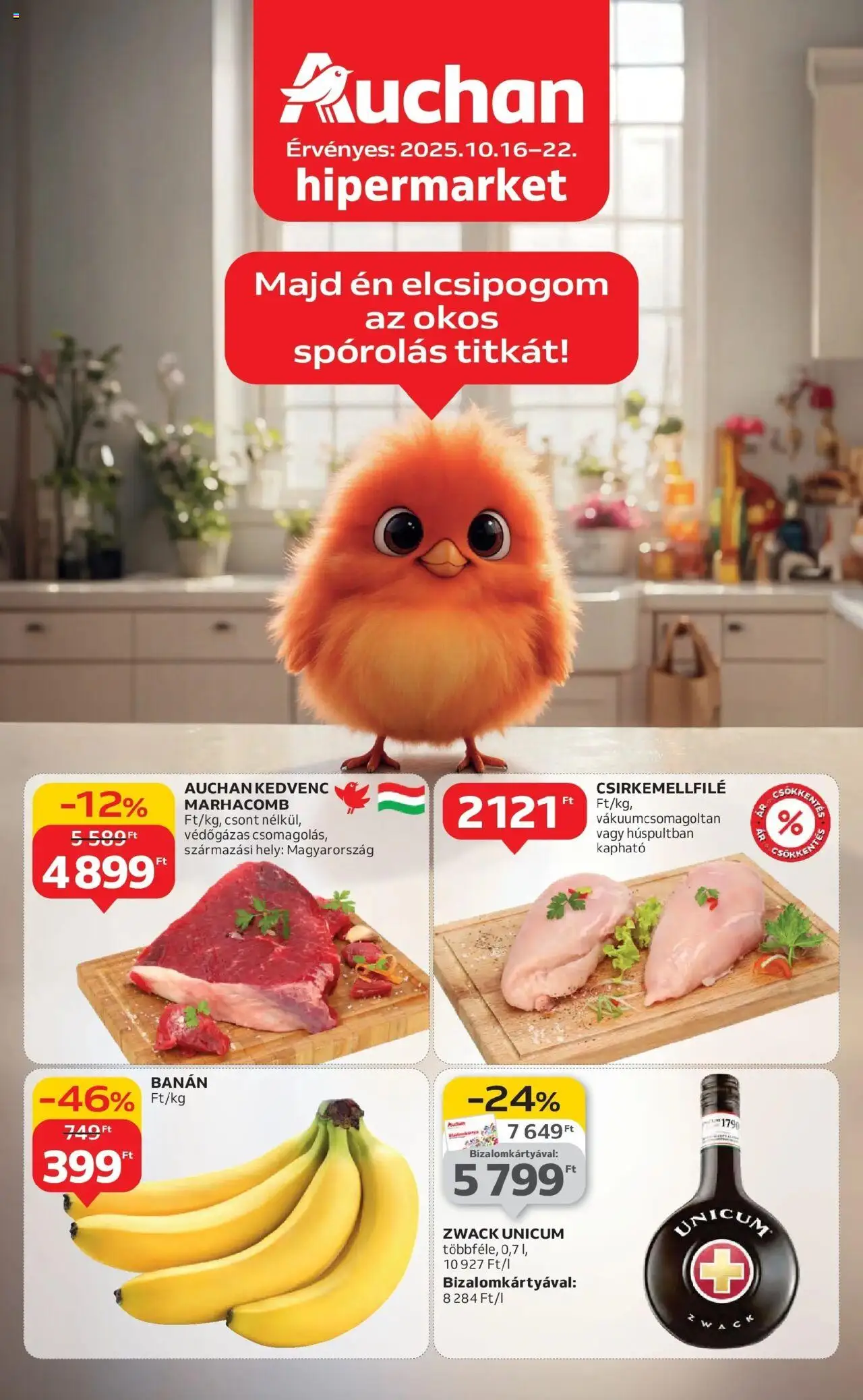 Auchan akciós ujság - amely érvényes a következő dátumtól: 16.10.2025 | Oldal: 1 | Termékek: Banán, Marhacomb
