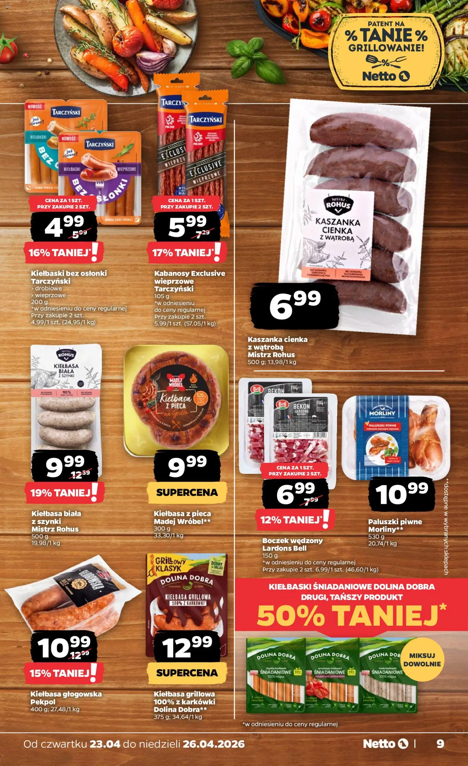 Netto gazetka od czwartku spożywcza od 23.04.2026 | Strona: 9 | Produkty: Kiełbasa, Kiełbaski, Boczek wędzony, Biała kiełbasa