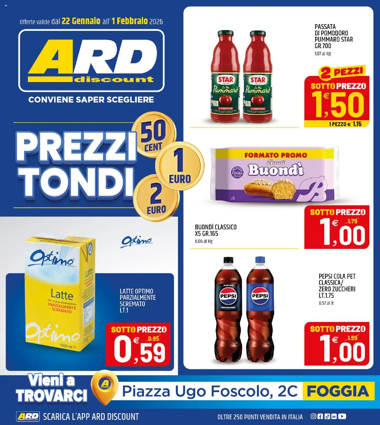 Volantino ARD Discount del 22.01.2026 | Pagina: 1 | Prodotti: Zucchero, Pomodoro, Latte, Pepsi