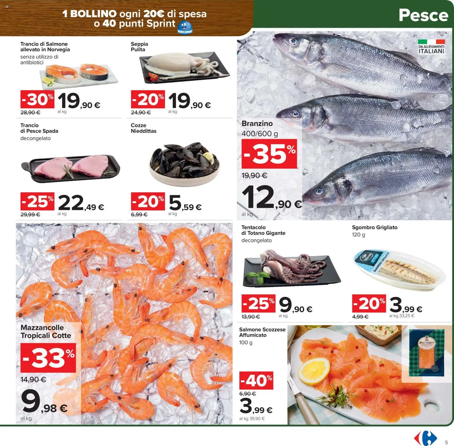 Volantino Carrefour del 17.02.2026 | Pagina: 5 | Prodotti: Salmone, Mazzancolle, Branzino, Totano