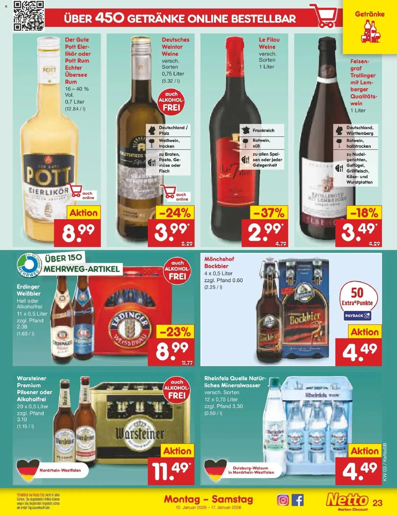 Netto Marken-Discount prospekt Bonn	 – gültig ab 12.01.2026 | Seite: 23 | Produkte: Monchshof, Erdinger, Weißbier, Mineralwasser