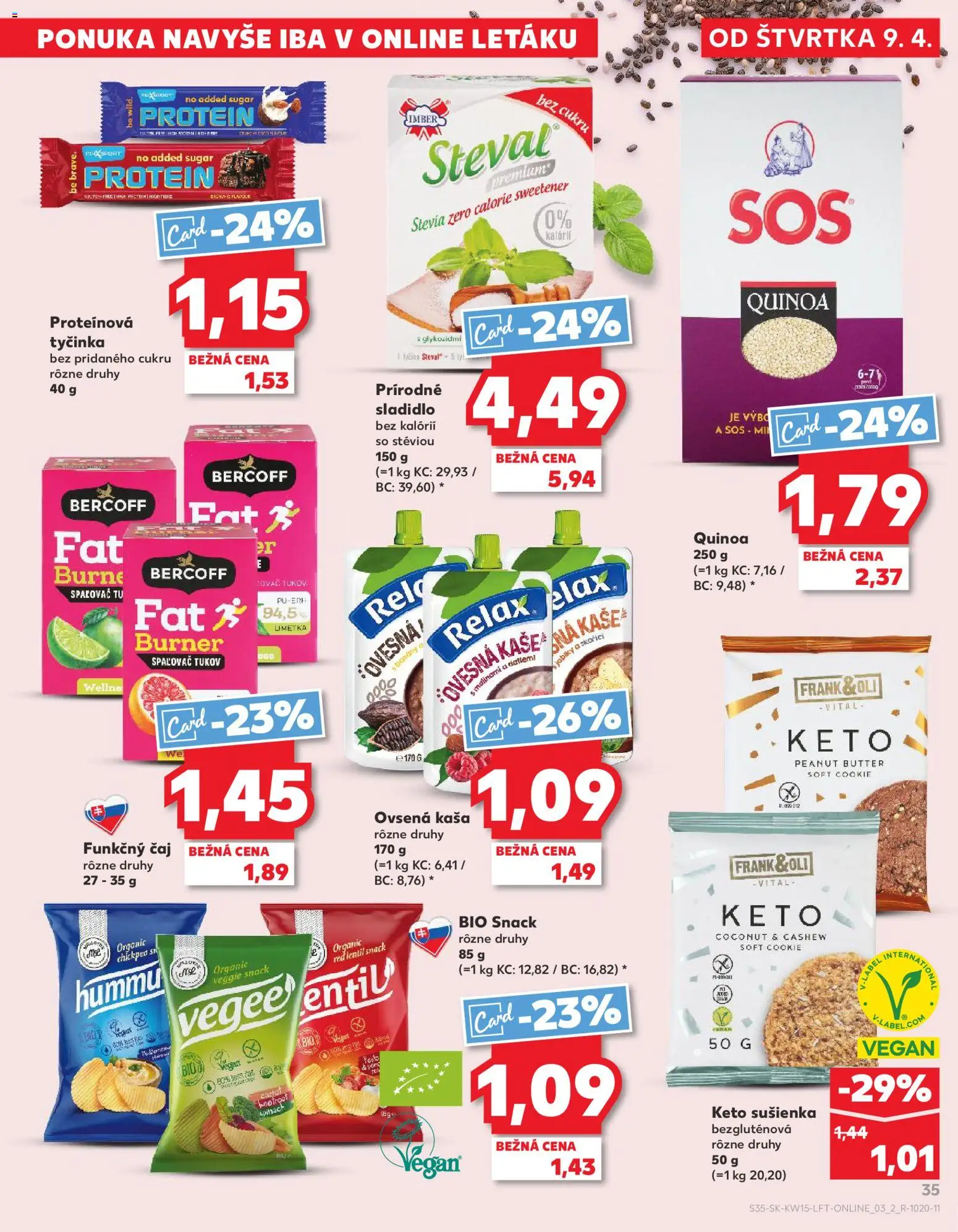 Kaufland SK akciós ujság - amely érvényes a következő dátumtól: 09.04.2026 | Oldal: 35 | Termékek: Protein, Quinoa, Vegán, Só