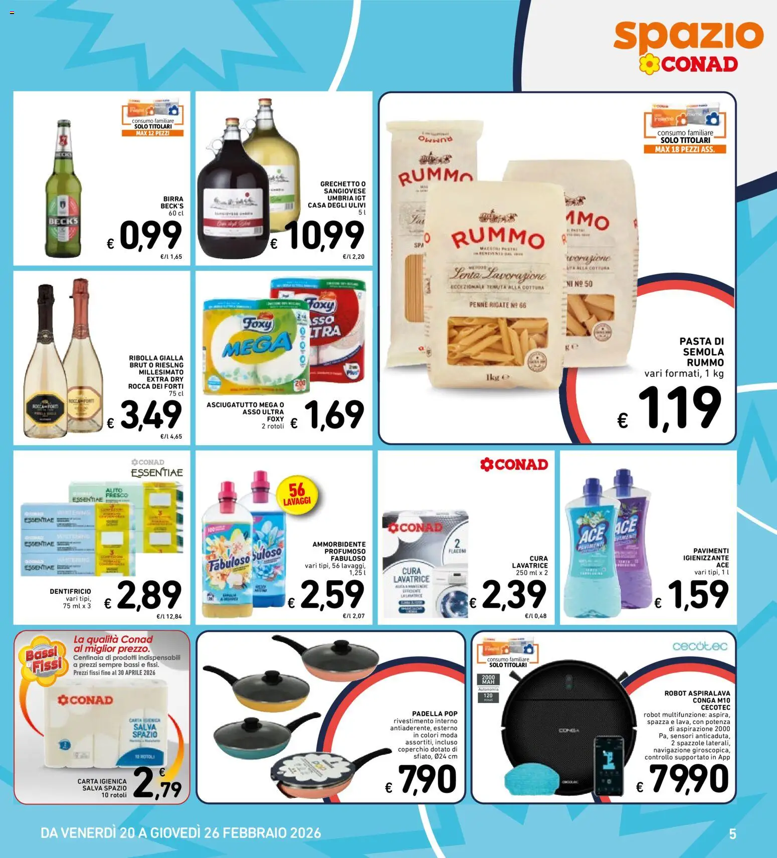 Volantino Spazio Conad del 20.02.2026 | Pagina: 5 | Prodotti: Carta igienica, Ammorbidente, Padella, Robot
