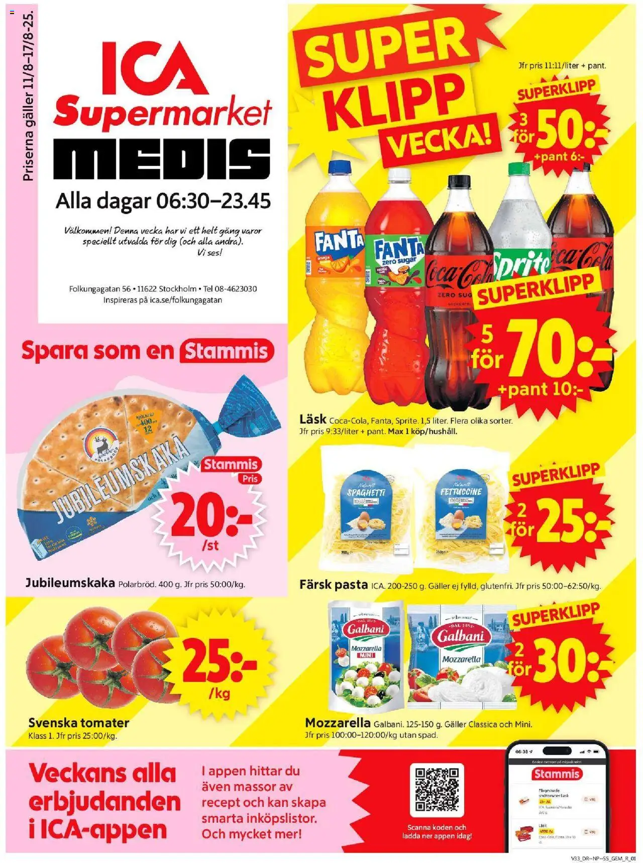 ICA Supermarket reklamblad aktuell från 11.08.2025 | Sida: 1 | Produkter: Galler, Tomater, Spaghetti, Pasta