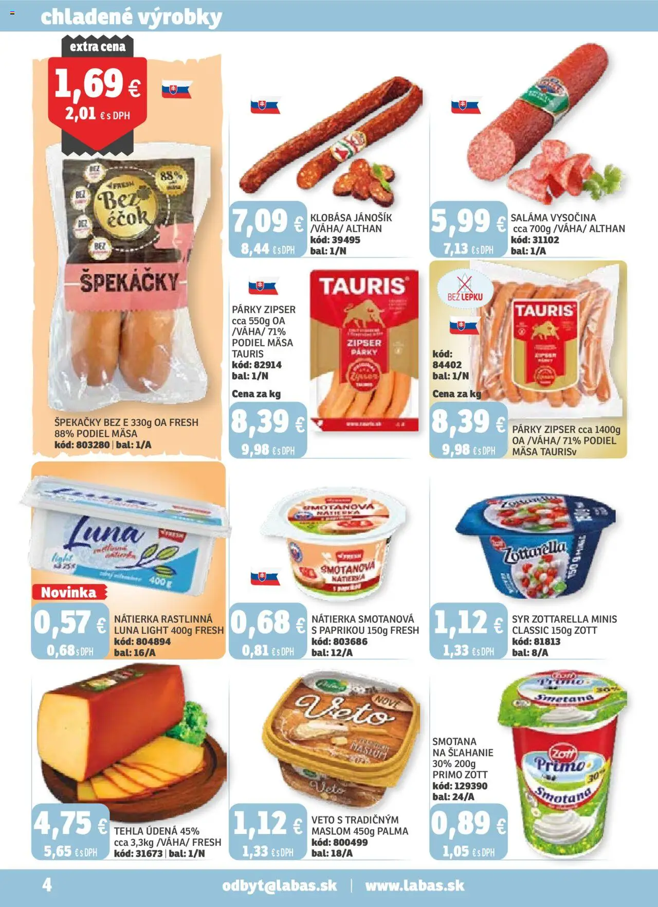 Nové Labaš akcie – leták je platný od 19.09.2025 | Strana: 4 | Produkty: Syr, Saláma, Párky, Smotana na šľahanie