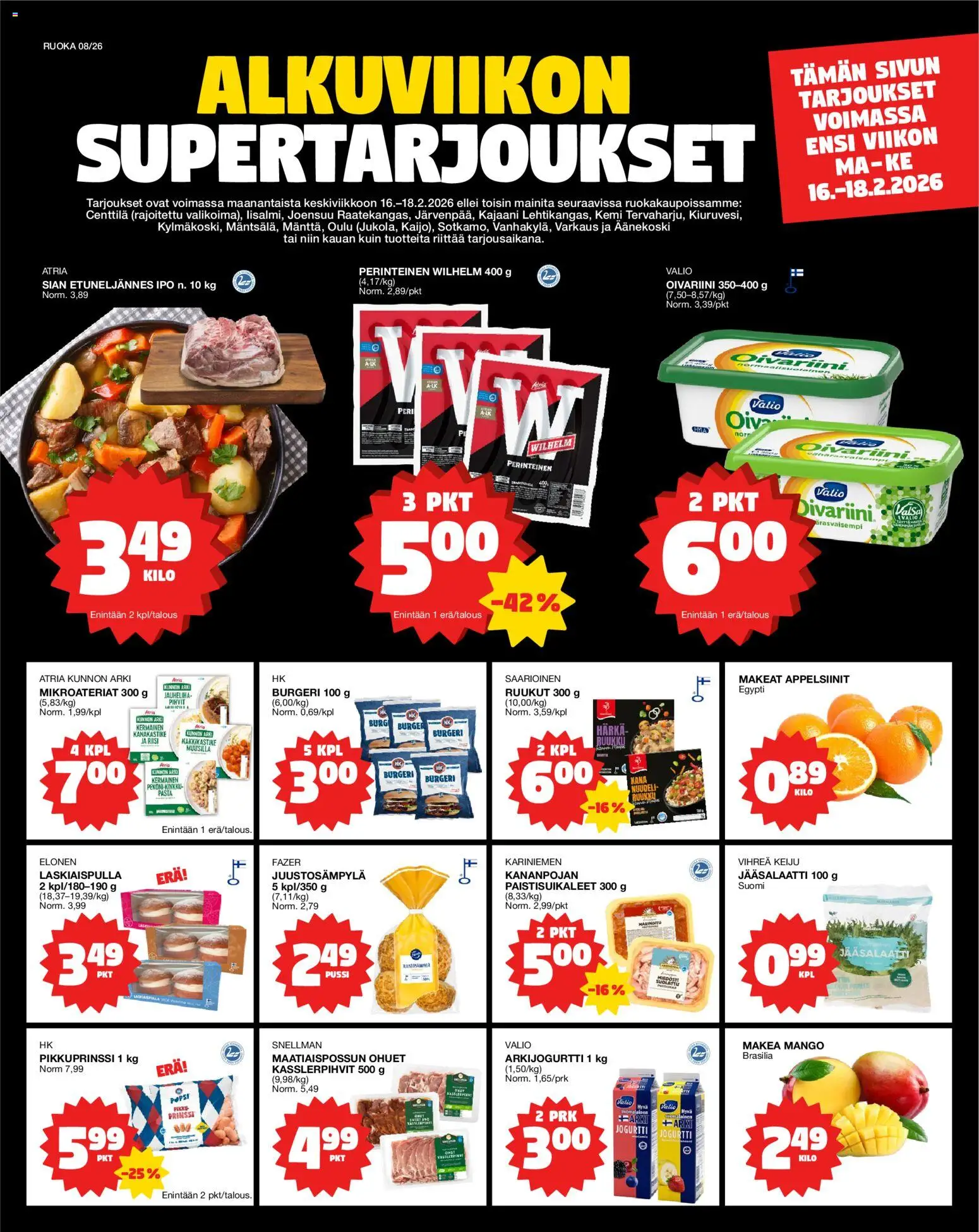 Tokmanni Ruokatarjoukset – voimassa 16.02.2026 alkaen | Sivu: 1 | Tuotteet: Jauheliha, Pekoni, Jogurtti, Pasta