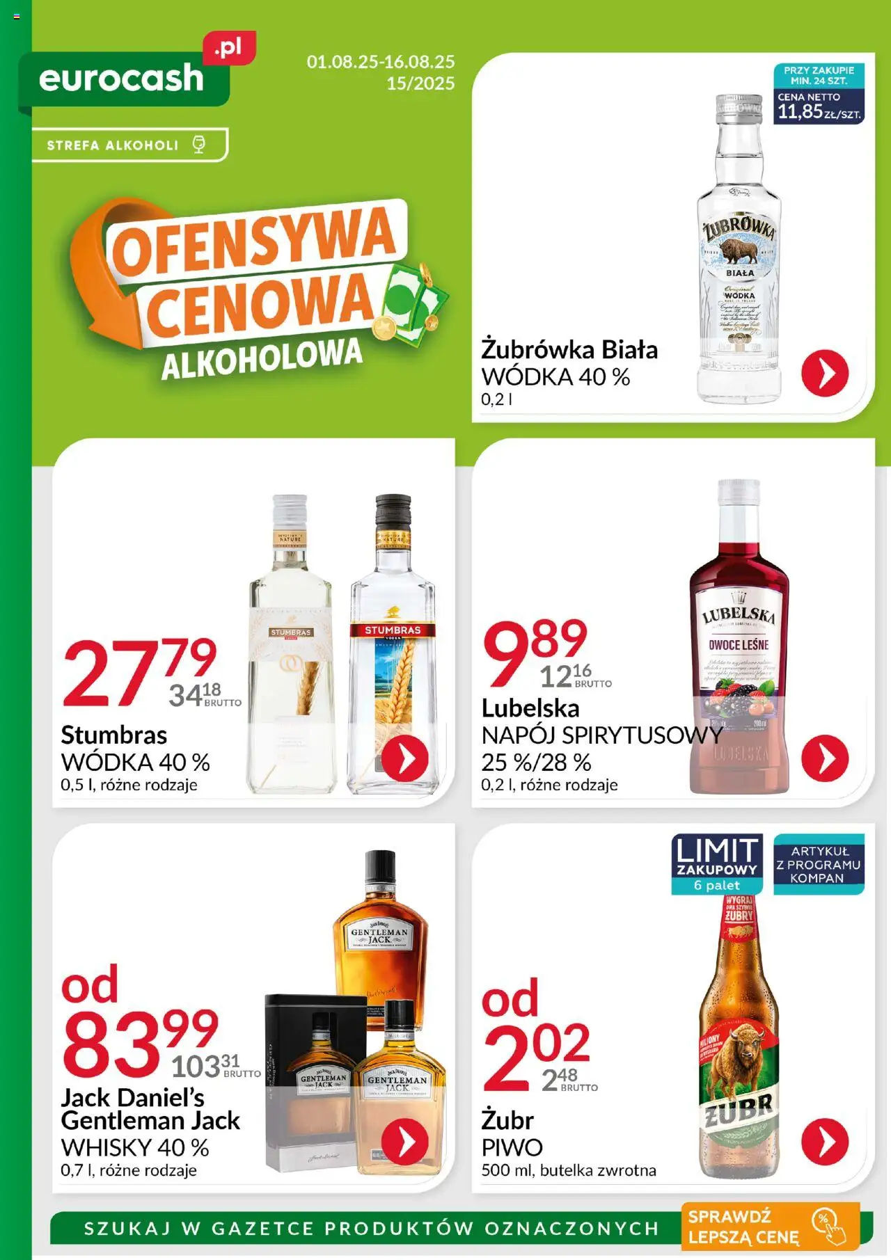 Eurocash Gazetka - Ofensywa Cenowa Alkoholowa od 01.08.2025 | Strona: 1 | Produkty: Gentleman Jack, Żubrówka, Whisky, Owoce