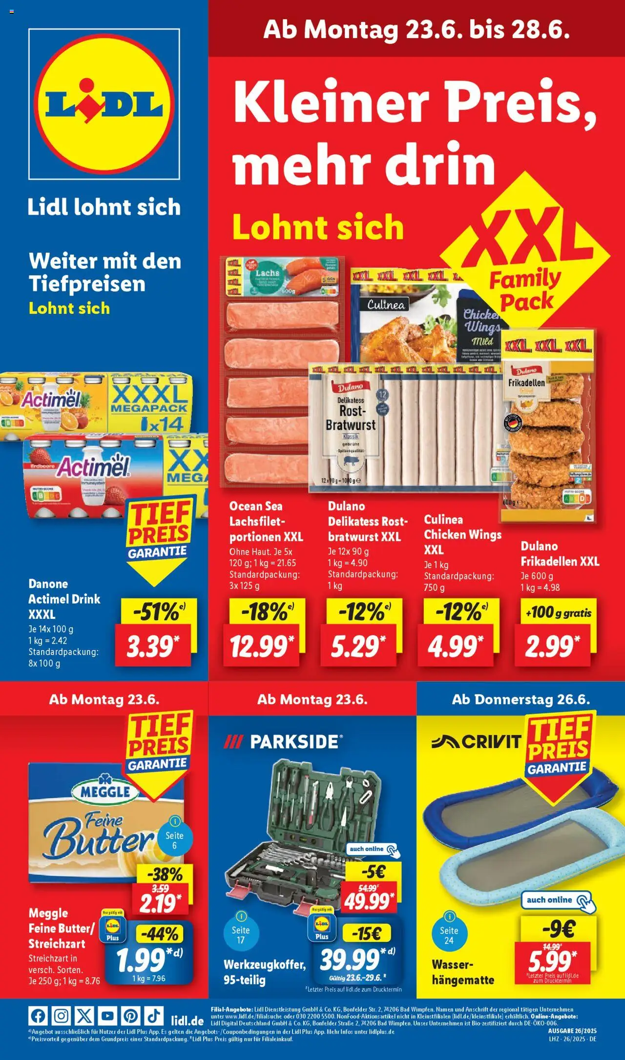 Lidl Prospekt 	 - gültig ab dem 23.06.2025 | Seite: 1 | Produkte: Butter, Bratwurst, Lachs, Wasser
