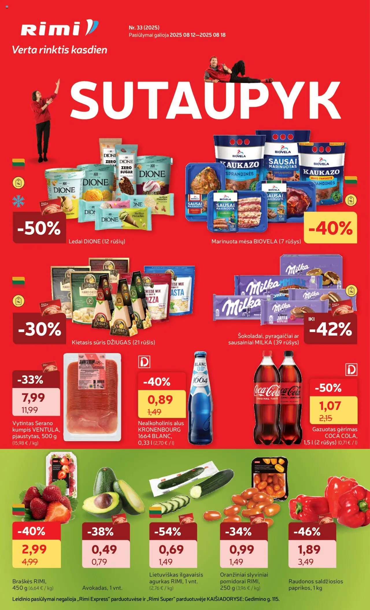 Rimi leidinys│galioja nuo 12.08.2025 | Puslapis: 1 | Prekių: Sausainiai, Agurkas, Kumpis, Braškės