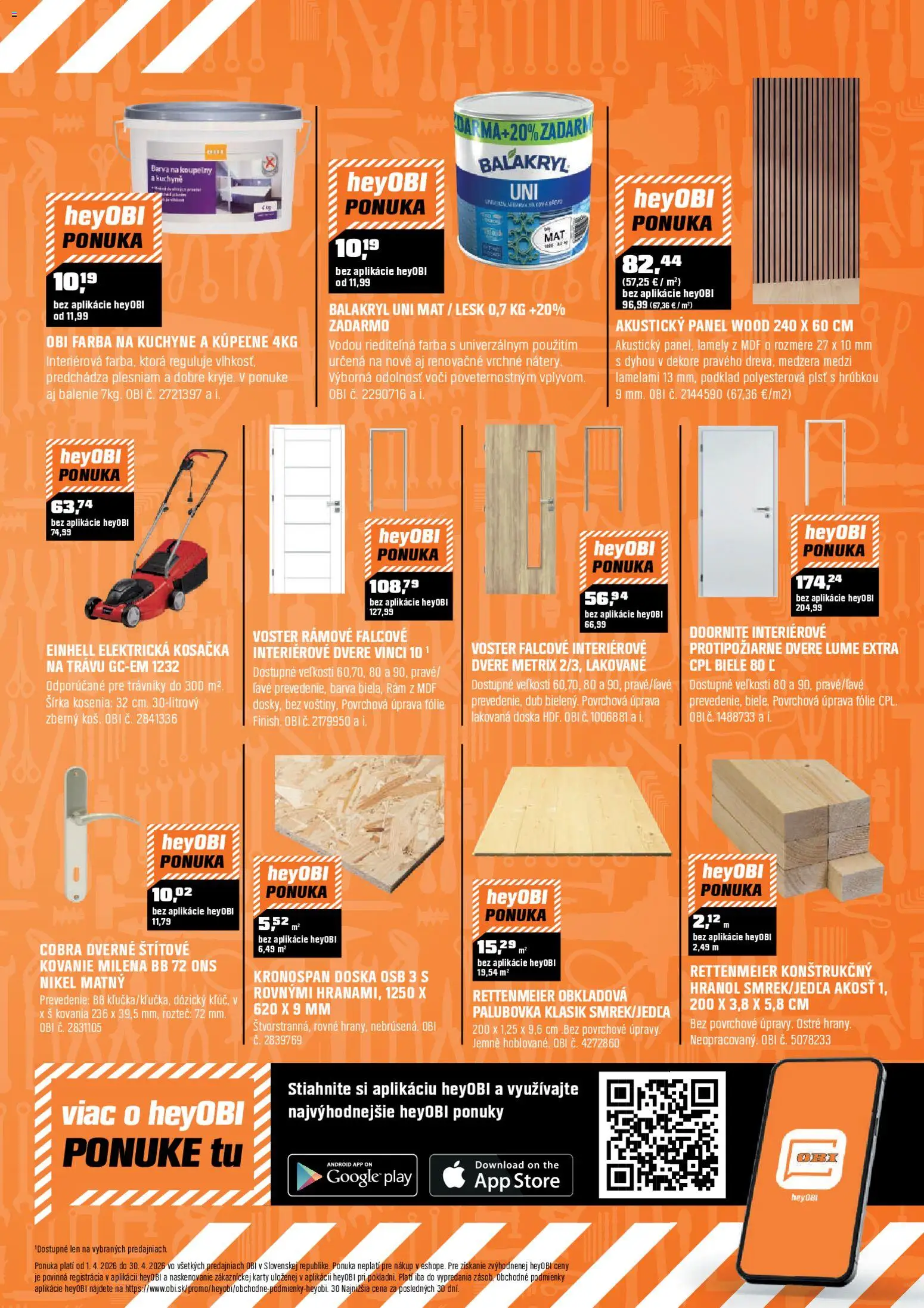 Nové OBI akcie – leták je platný od 01.04.2026 | Strana: 13 | Produkty: Elektrická kosačka, Kosačka, Lamely, Kovanie