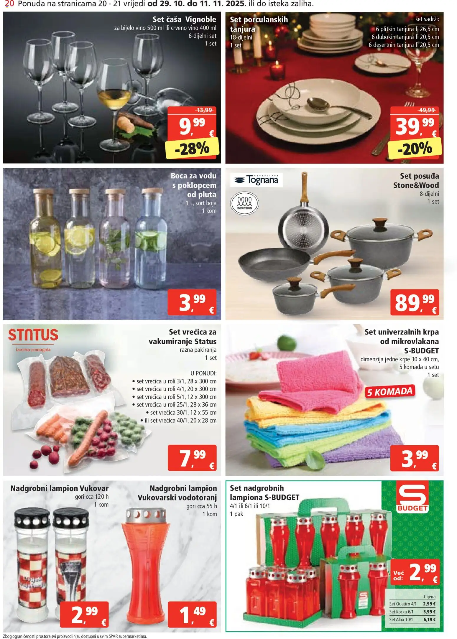 Spar katalog | vrijedi od 29.10.2025 | Stranica: 20 | Proizvodi: Set tanjura, Bijelo vino, Krpa, Boca za vodu