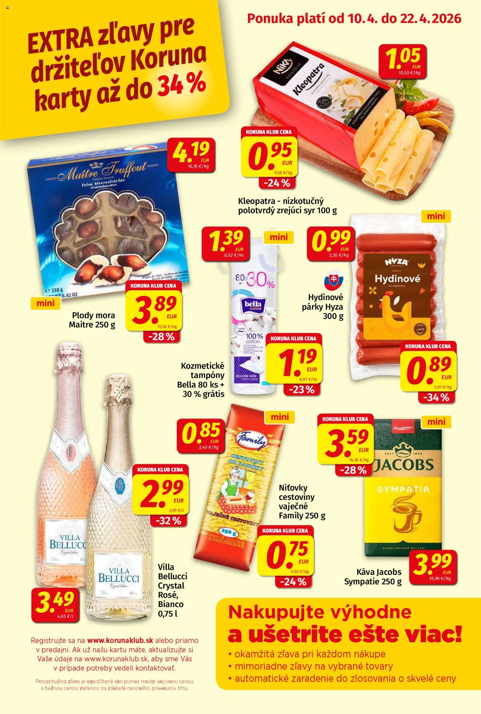 Nové Koruna akcie – leták je platný od 10.04.2026 | Strana: 9 | Produkty: Syr, Káva, Cestoviny, Párky