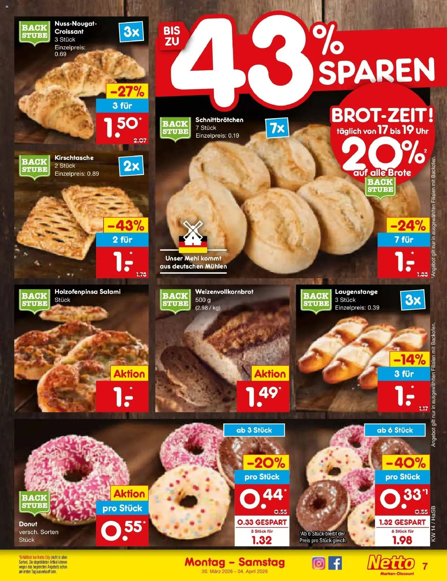 Netto Marken-Discount Prospekt Wuppertal	 – gültig ab 30.03.2026 | Seite: 7 | Produkte: Mehl, Croissant, Salami, Uhr