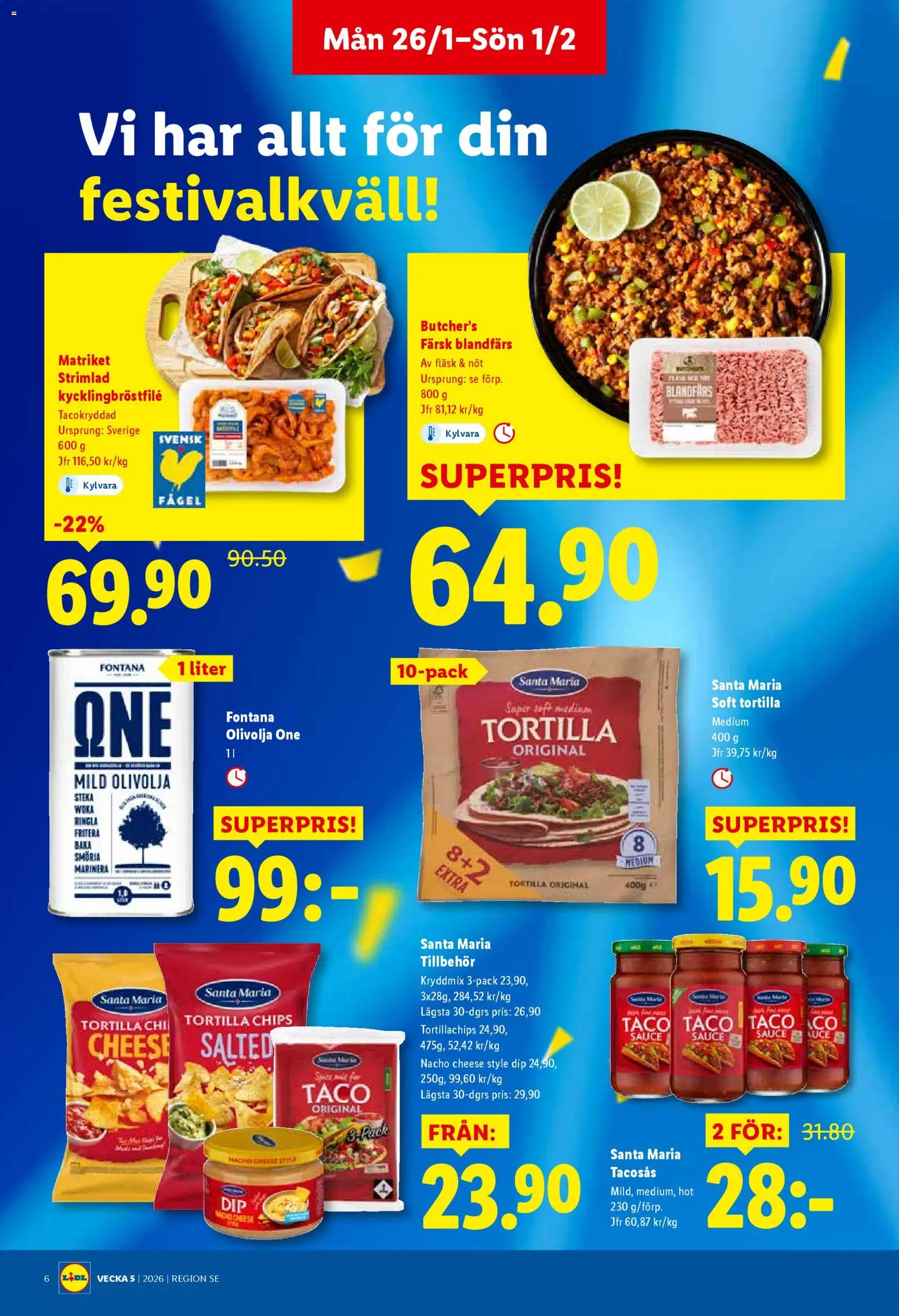 Lidl reklamblad aktuell från 26.01.2026 | Sida: 6 | Produkter: Tacosås, Tortillachips, Chips, Blandfärs