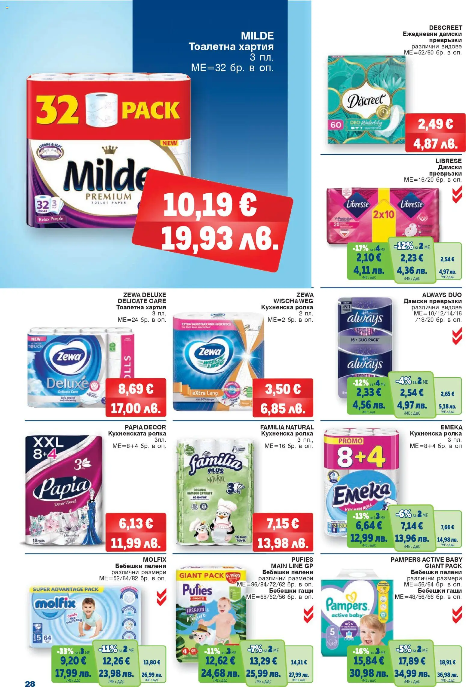 {H1} | Страница: 28 | Продукти: Дамски превръзки, Пелени, Хартия, Тоалетна