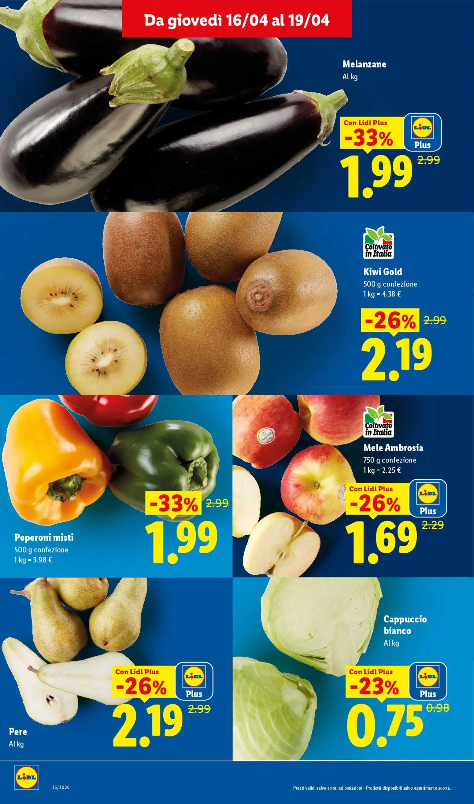 Volantino Lidl del 16.04.2026 | Pagina: 2 | Prodotti: Mele, Kiwi, Cappuccio, Melanzane