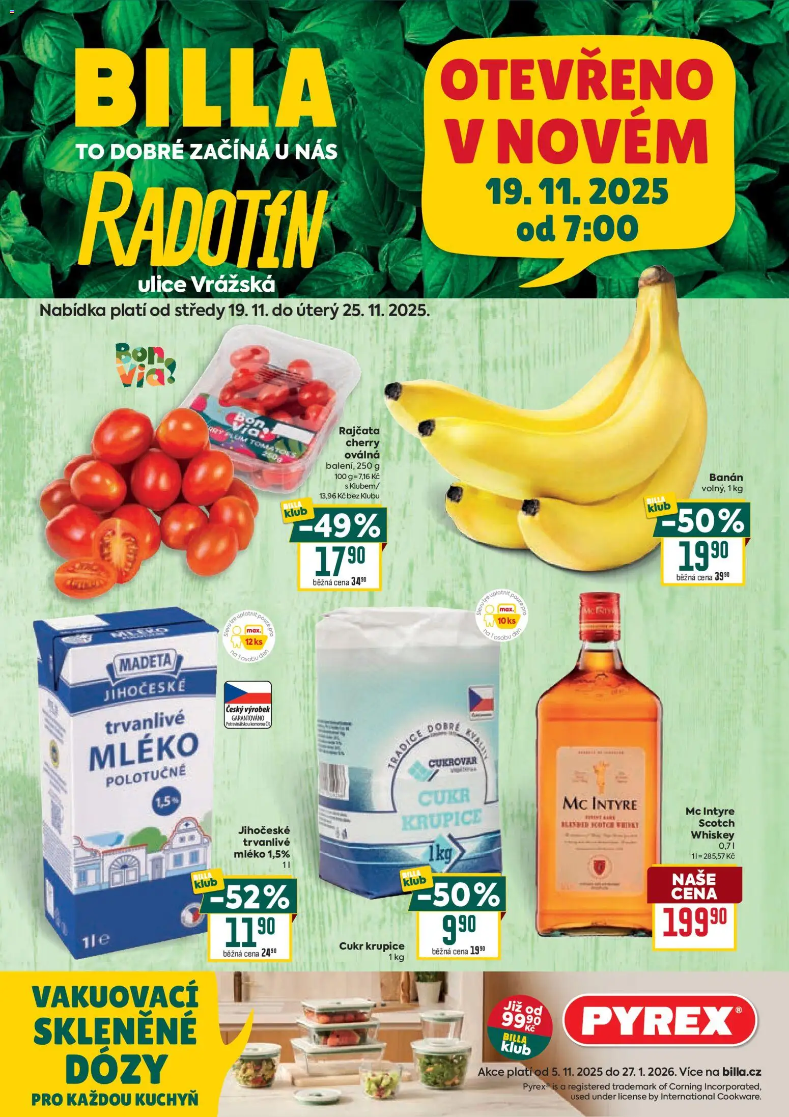 Billa leták - Speciál: Radotín od 19.11.2025 | Strana: 1 | Produkty: Whiskey, Mléko, Cukr krupice, Cukr