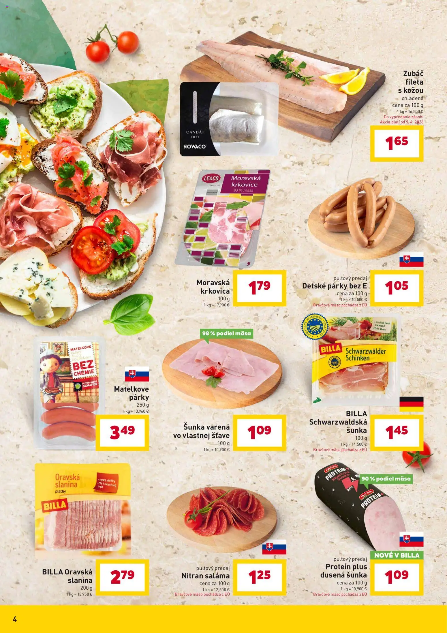 Nové Billa akcie – leták je platný od 07.04.2026 | Strana: 4 | Produkty: Saláma, Šunka, Protein, Bravčové mäso