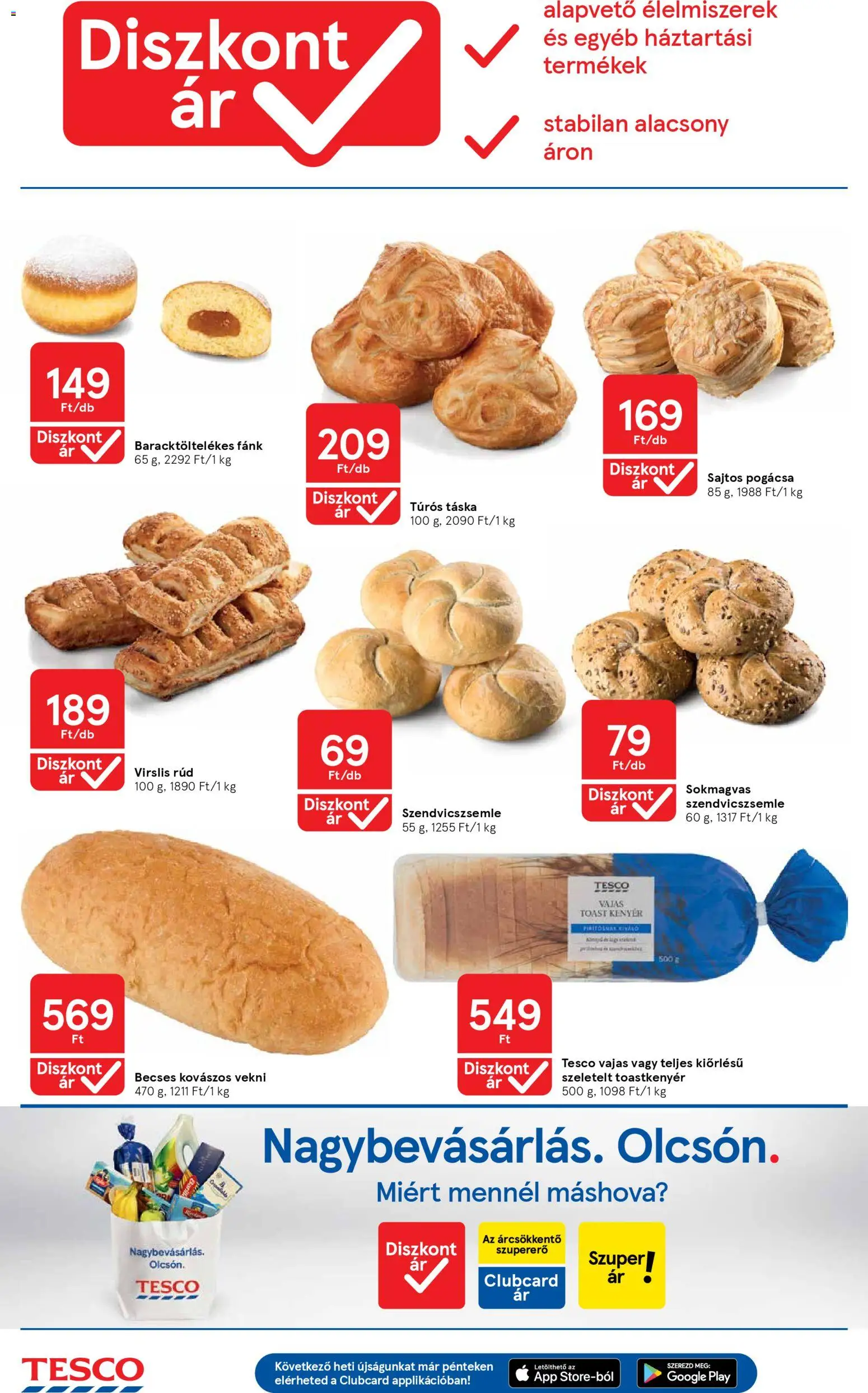 Tesco akciós ujság - amely érvényes a következő dátumtól: 07.04.2026 | Oldal: 4 | Termékek: Túrós táska, Táska, Kenyér, Pogácsa