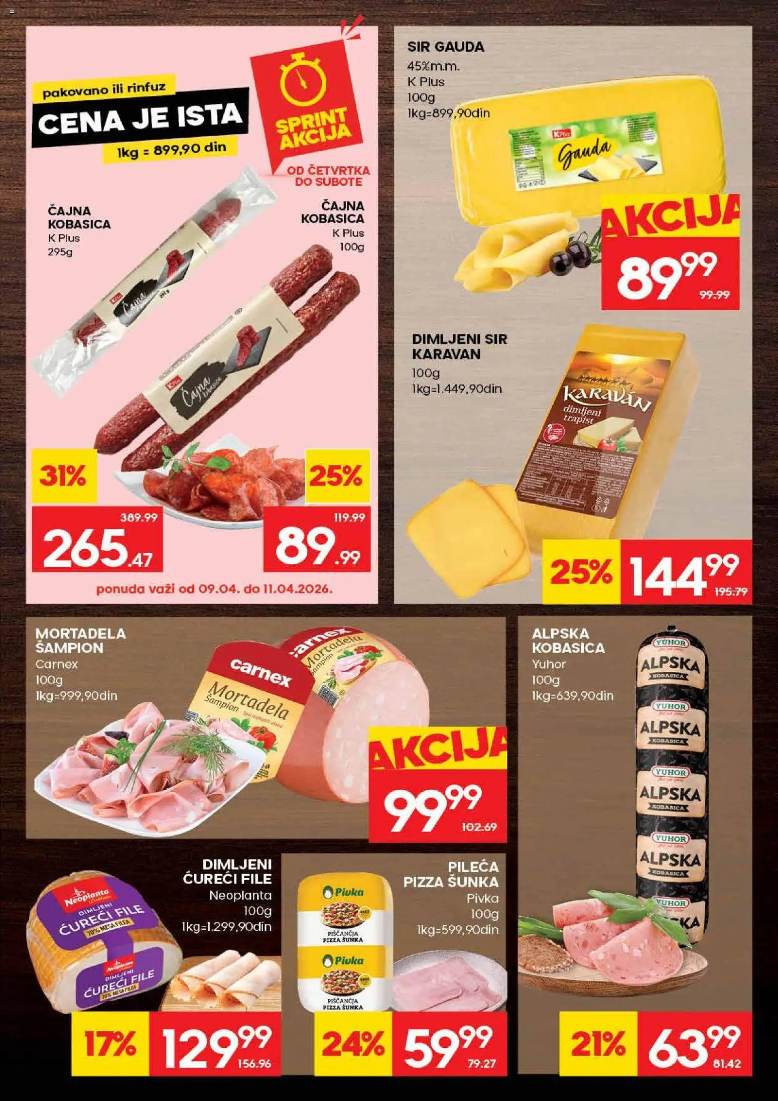 Idea katalog - važi od 09.04.2026 | Strana: 9 | Proizvode: Mortadela, Ćureći file, Šunka, Kobasica