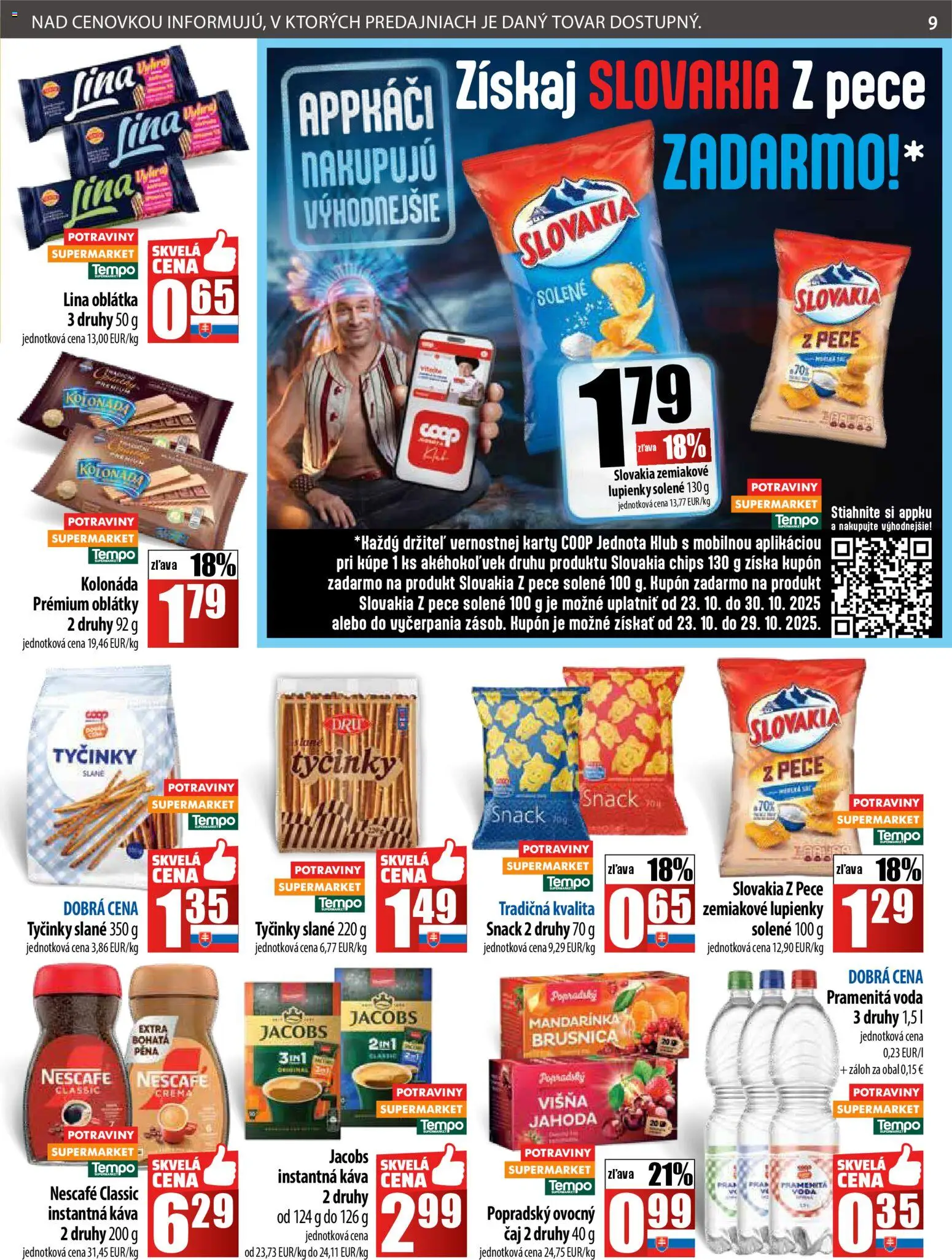 Nové COOP Jednota akcie – leták je platný od 23.10.2025 | Strana: 9 | Produkty: Káva, Čaj, Voda, Nescafé Classic