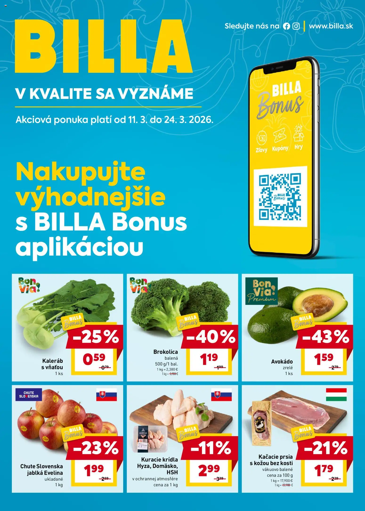 Nové Billa akcie – leták je platný od 11.03.2026 | Strana: 1 | Produkty: Jablká, Kačacie prsia, Avokádo, Kuracie krídla