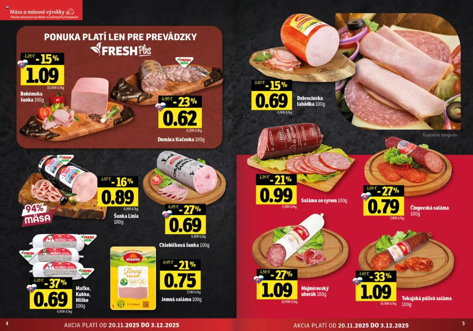 Nové Fresh akcie – leták je platný od 20.11.2025 | Strana: 3 | Produkty: Saláma, Šunka