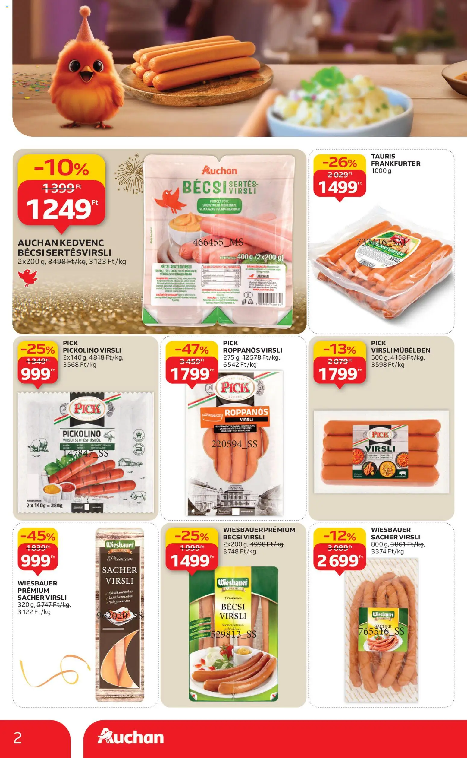 Auchan akciós ujság - amely érvényes a következő dátumtól: 27.12.2025 | Oldal: 2 | Termékek: Virsli, Pick, Gluténmentes