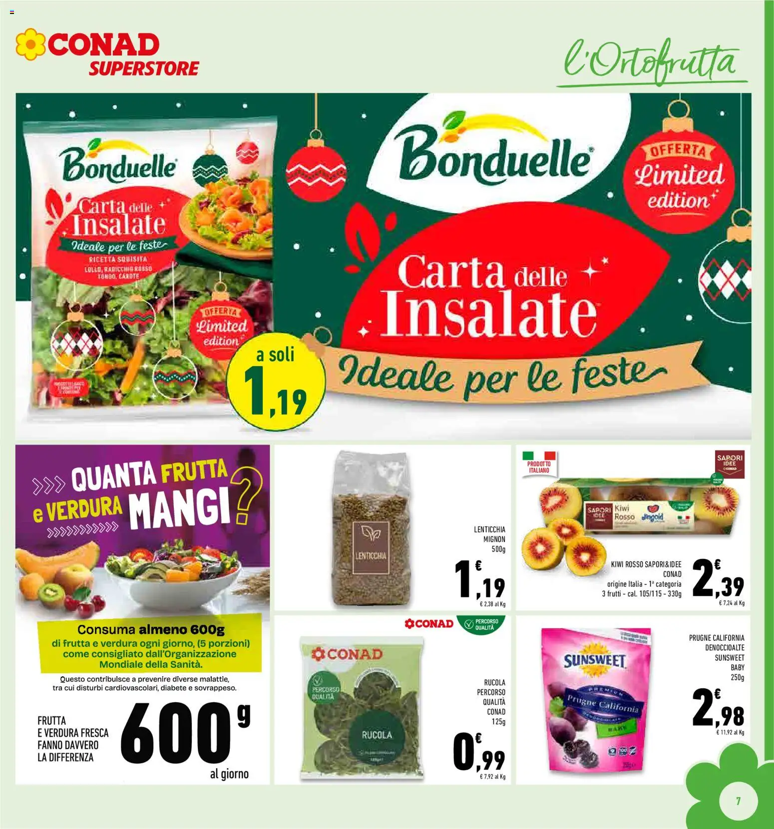 Volantino Conad del 27.12.2025 | Pagina: 7 | Prodotti: Rucola, Kiwi, Frutta, Carote