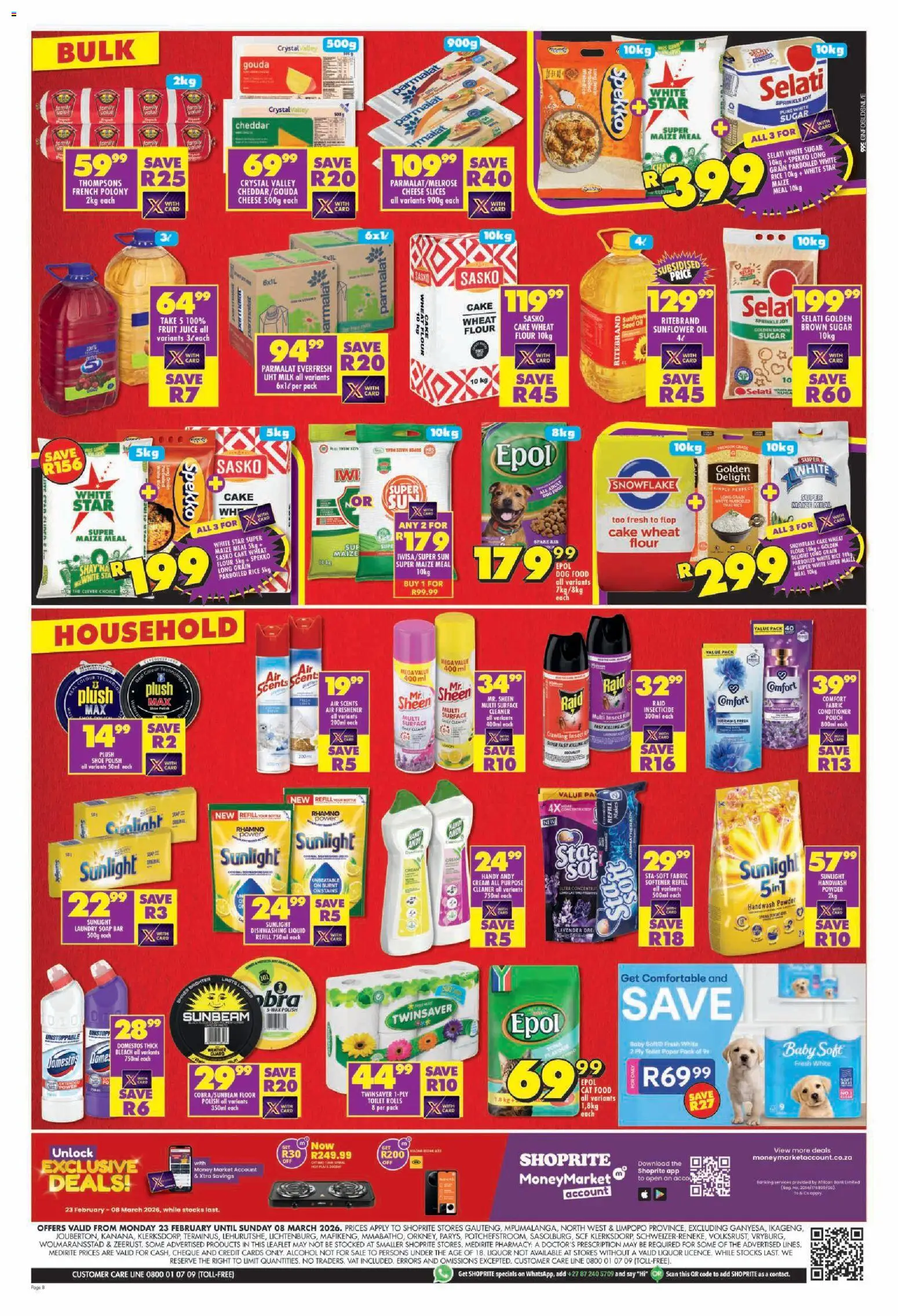New Shoprite catalogue – valid from 23.02.2026 | Page: 8 | Products: Maize meal, Bleach, Rice, Dishwashing liquid