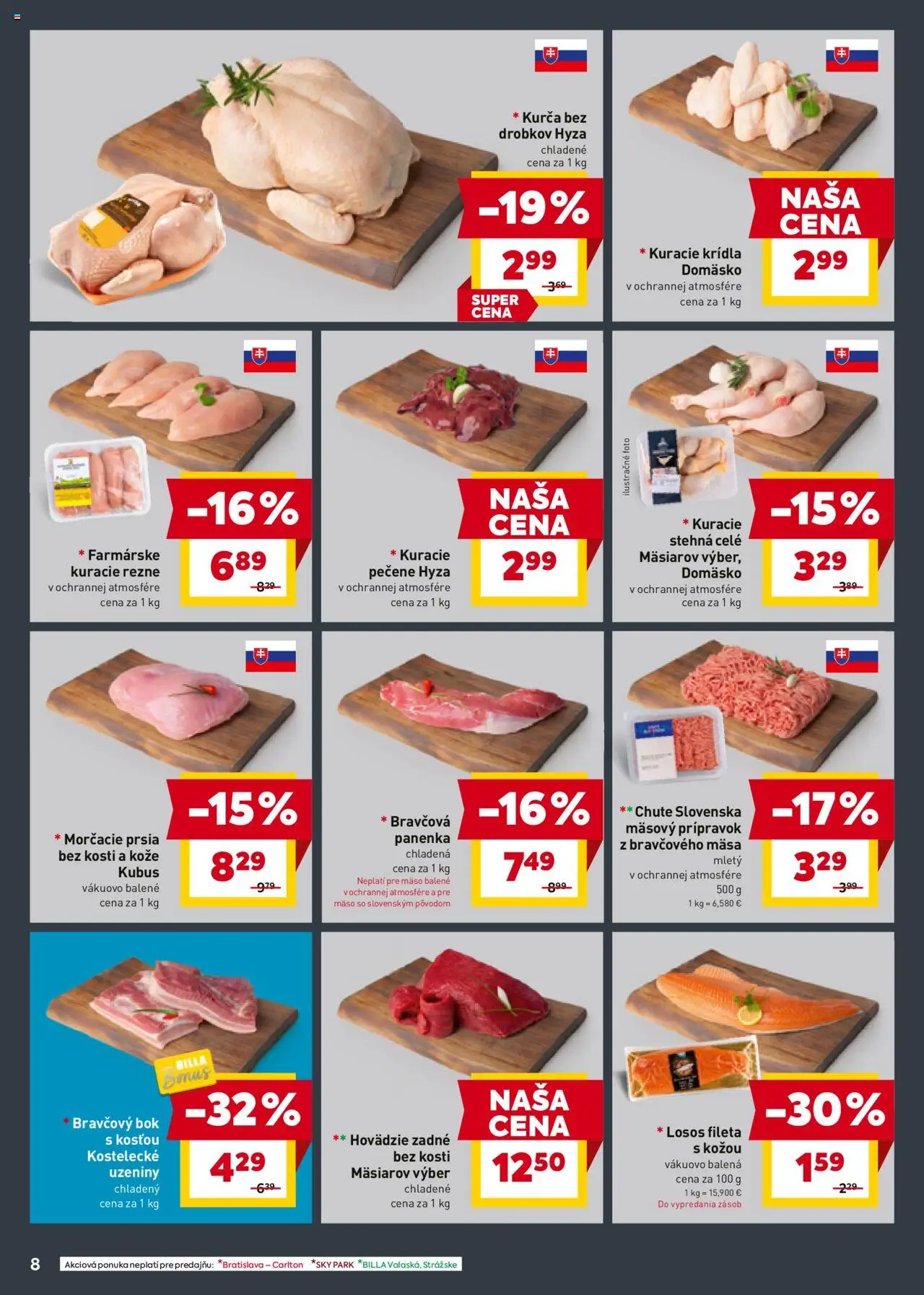 Billa leták │ platný od 09.07.2025 | Strana: 8 | Produkty: Kuracie rezne, Losos, Kuracie krídla, Kurča