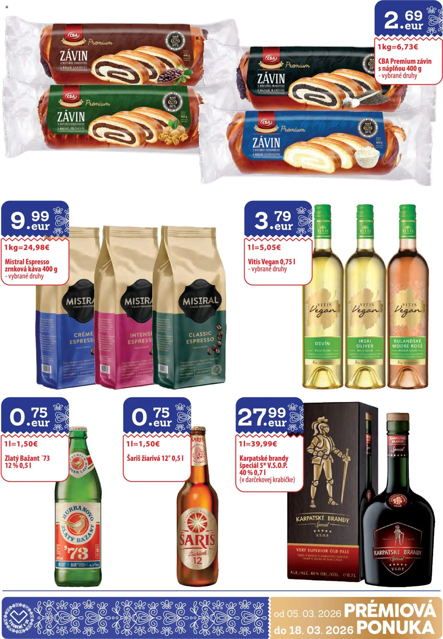 Nové CBA Verex akcie – leták je platný od 05.03.2026 | Strana: 29 | Produkty: Káva, Závin, Šariš, Zrnková káva