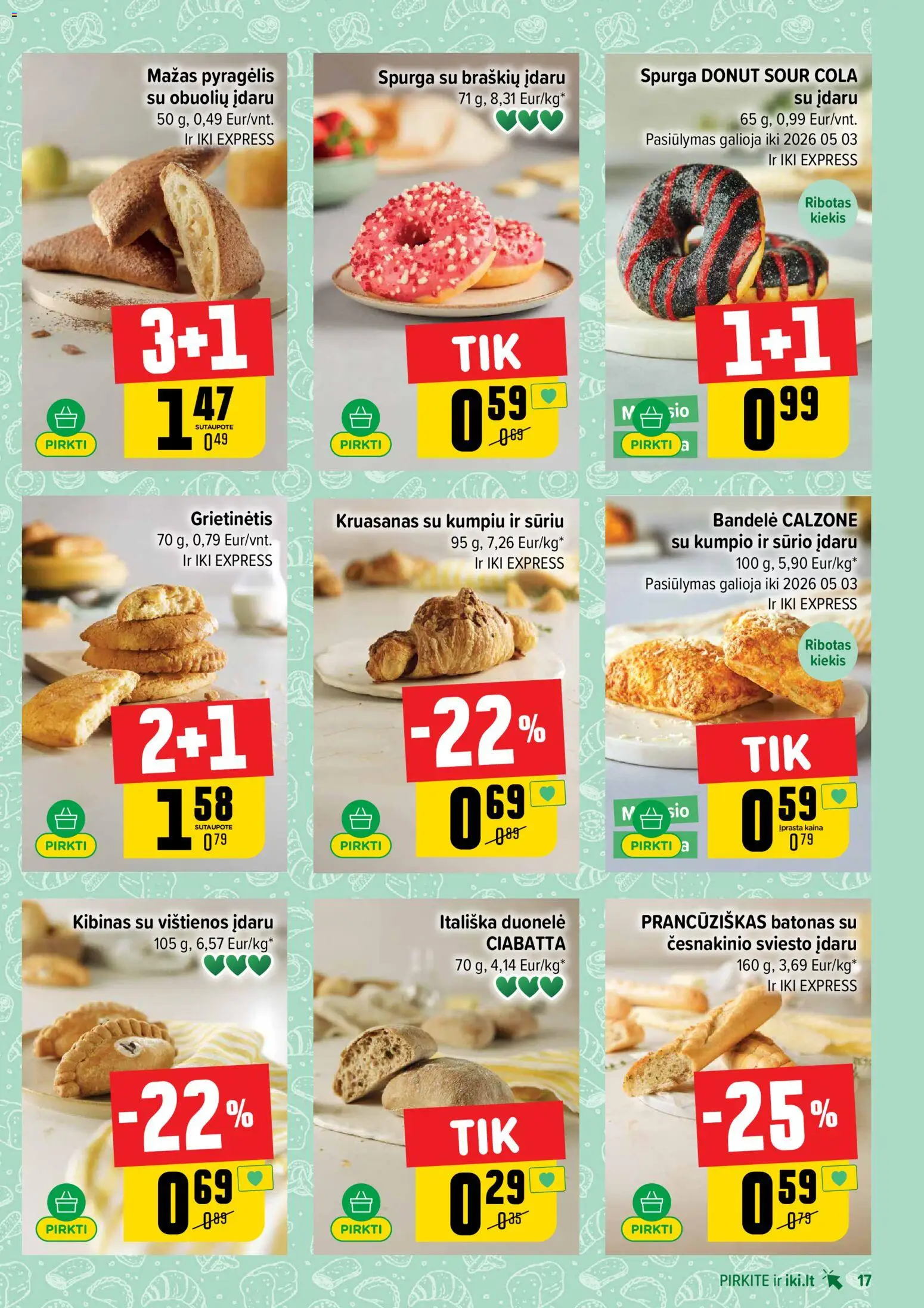 IKI akcijos nuo 20.04.2026 | Puslapis: 17 | Prekių: Batonas, Vištienos, Spurga, Bandelė
