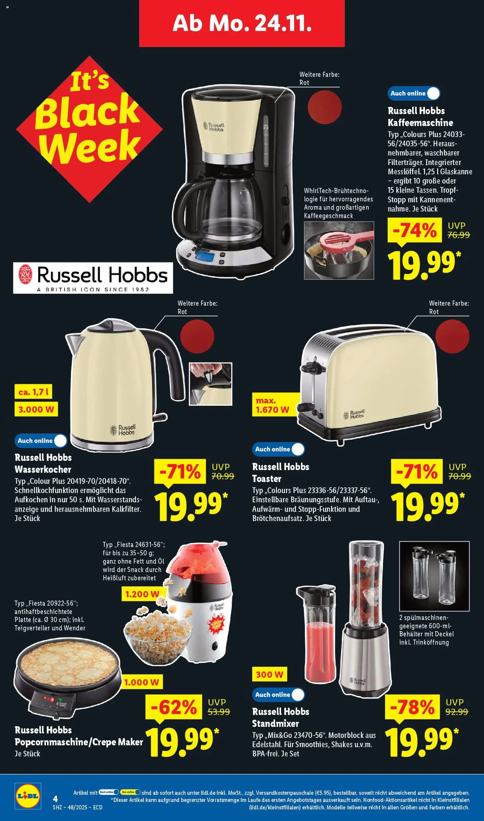 Lidl - Black Friday – gültig ab 24.11.2025 | Seite: 4 | Produkte: Kaffeemaschine, Wasserkocher, Toaster, Öl