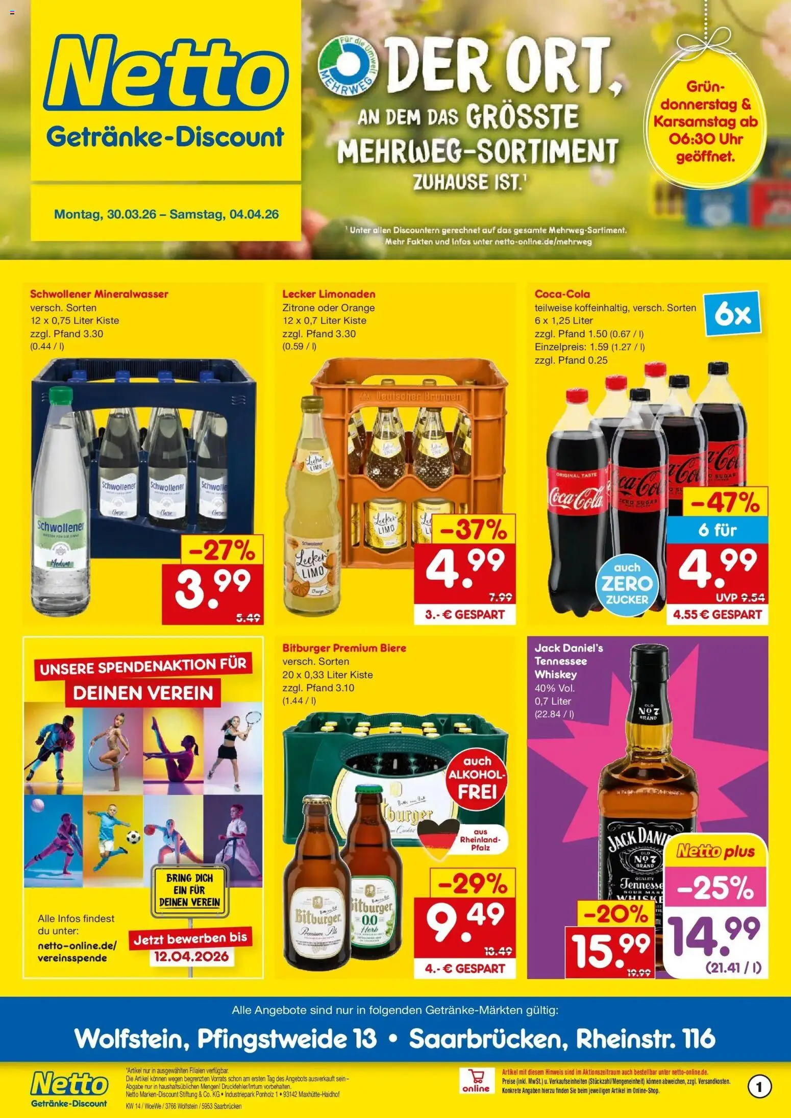 Netto Marken-Discount Prospekt Saarbrücken	 – gültig ab 30.03.2026 | Seite: 1 | Produkte: Coca cola, Zucker, Zitrone, Uhr