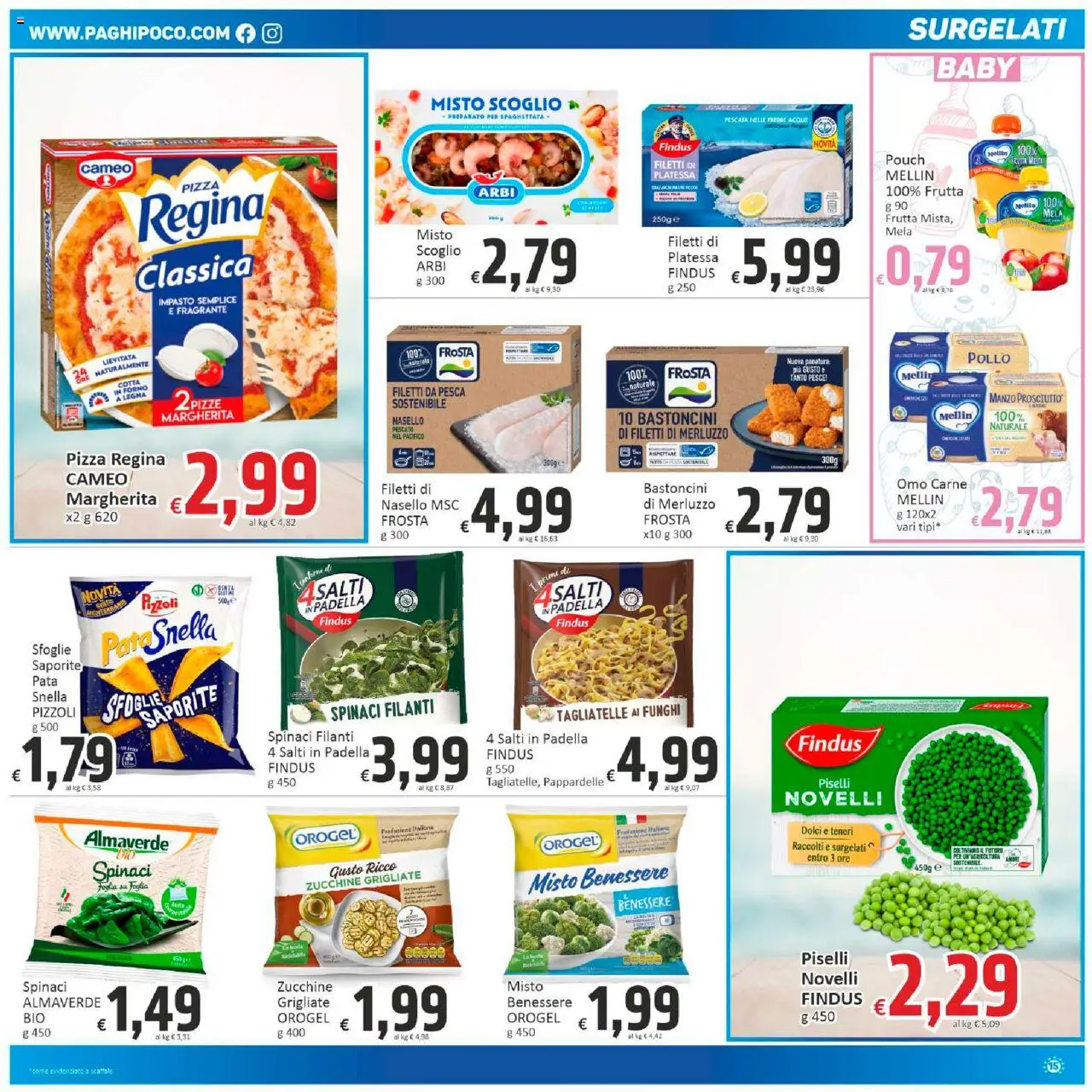 Volantino Paghi Poco del 06.08.2025 | Pagina: 15 | Prodotti: Pesce, Tagliatelle, Piselli, Nasello