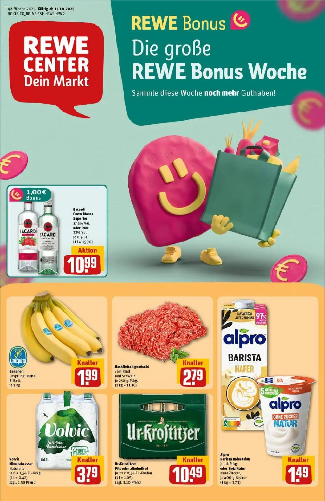 Rewe prospekt Weimar / Schöndorf	 – gültig ab 13.10.2025 | Seite: 1 | Produkte: Pils, Bananen, Mineralwasser, Hackfleisch