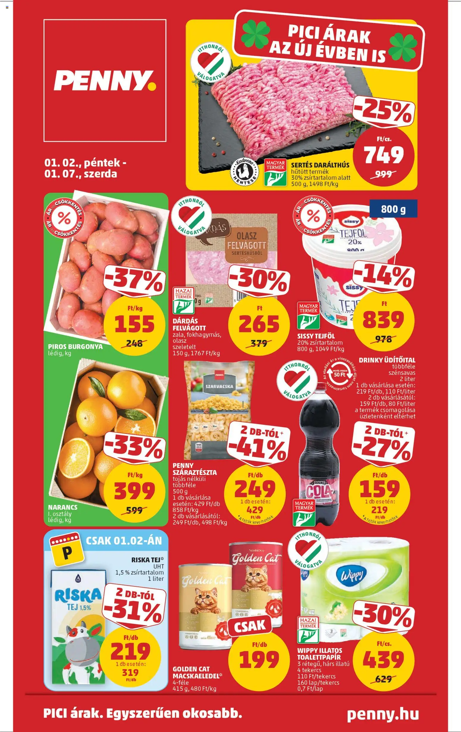 PENNY akciós ujság - amely érvényes a következő dátumtól: 02.01.2026 | Oldal: 1 | Termékek: Macskaeledel, Tojás, Narancs, Felvágott